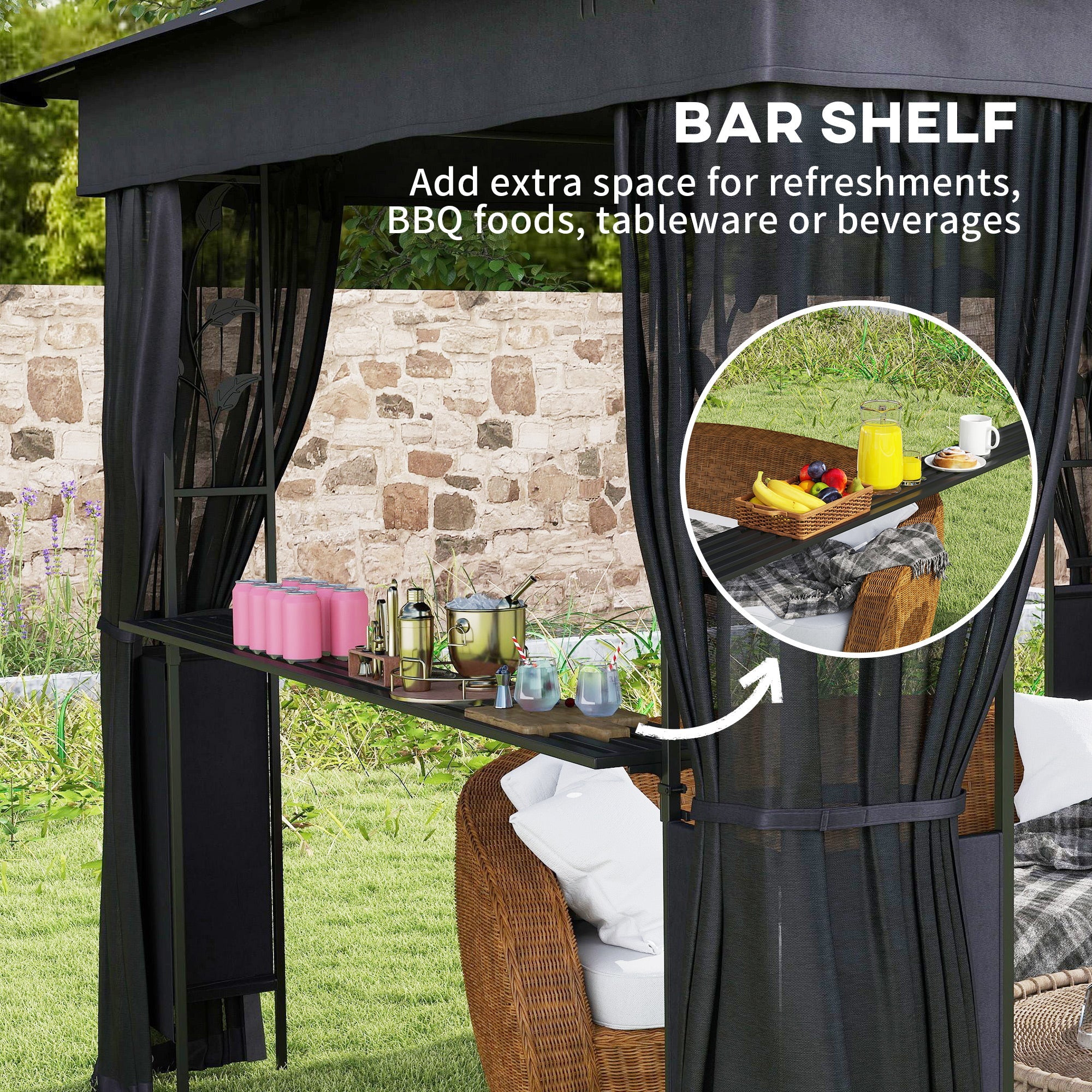 Outsunny 10' x 10' Outdoor Gazebo with Shelves and Netting, UV30+ Double Roof Patio Gazebo for Lawn, Backyard and Deck