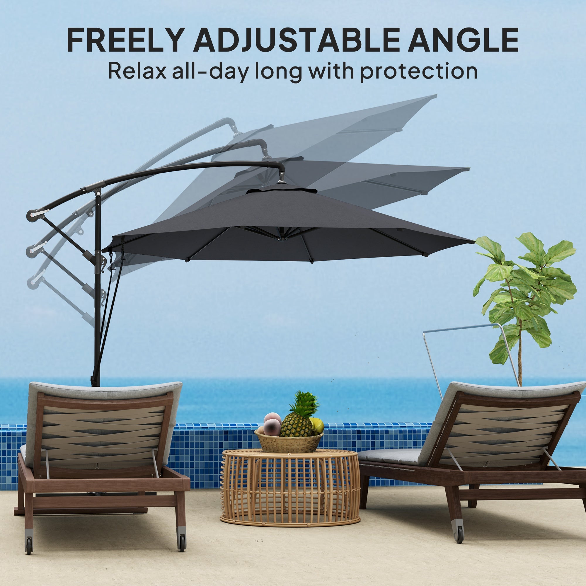 Outsunny 9.5' Cantilever Umbrella with Wind Protection Strap and Cover, Hanging Umbrella with Crank and Cross Base, UPF 50+, Grey