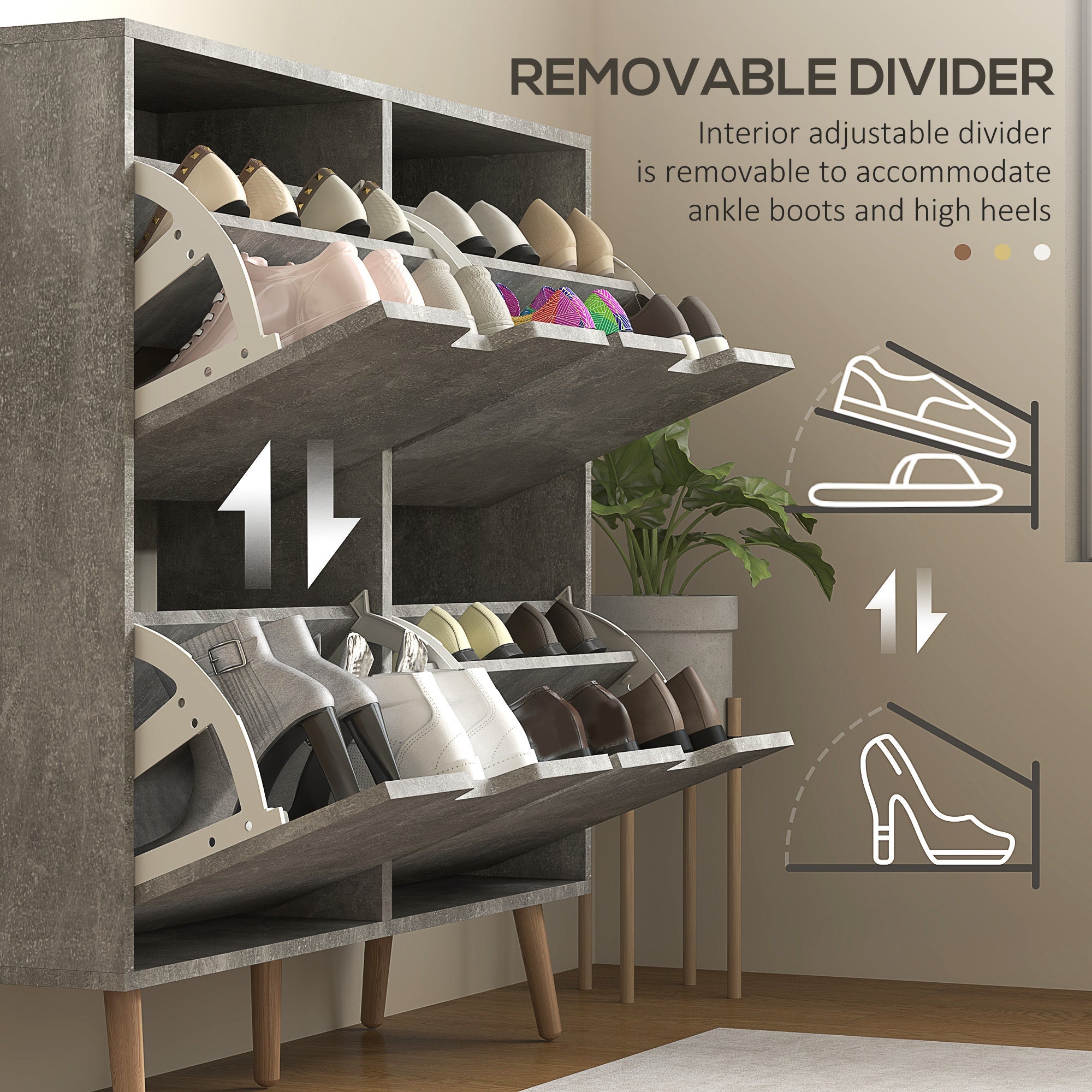 HOMCOM Shoe Storage Cabinet with 4 Flip Drawers and Adjustable Shelf, Shoe Cabinet for 16 Pairs of Shoes, Cement Grey