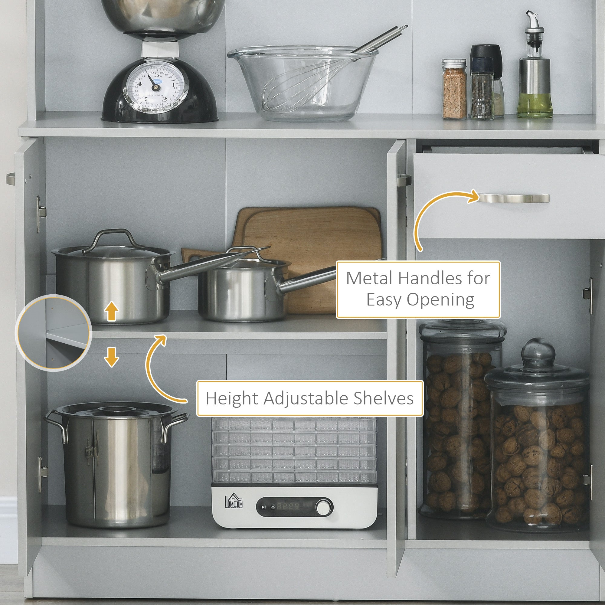 HOMCOM 71" Modern Buffet Hutch Freestanding Kitchen Storage Cabinets Drawer Microwave Counter Grey