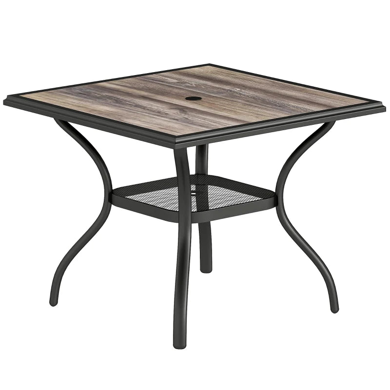 Outdoor Dining Table for 4, Square Patio Table with Umbrella Hole, Shelf, Faux Wood Top for Garden, Backyard, Grey