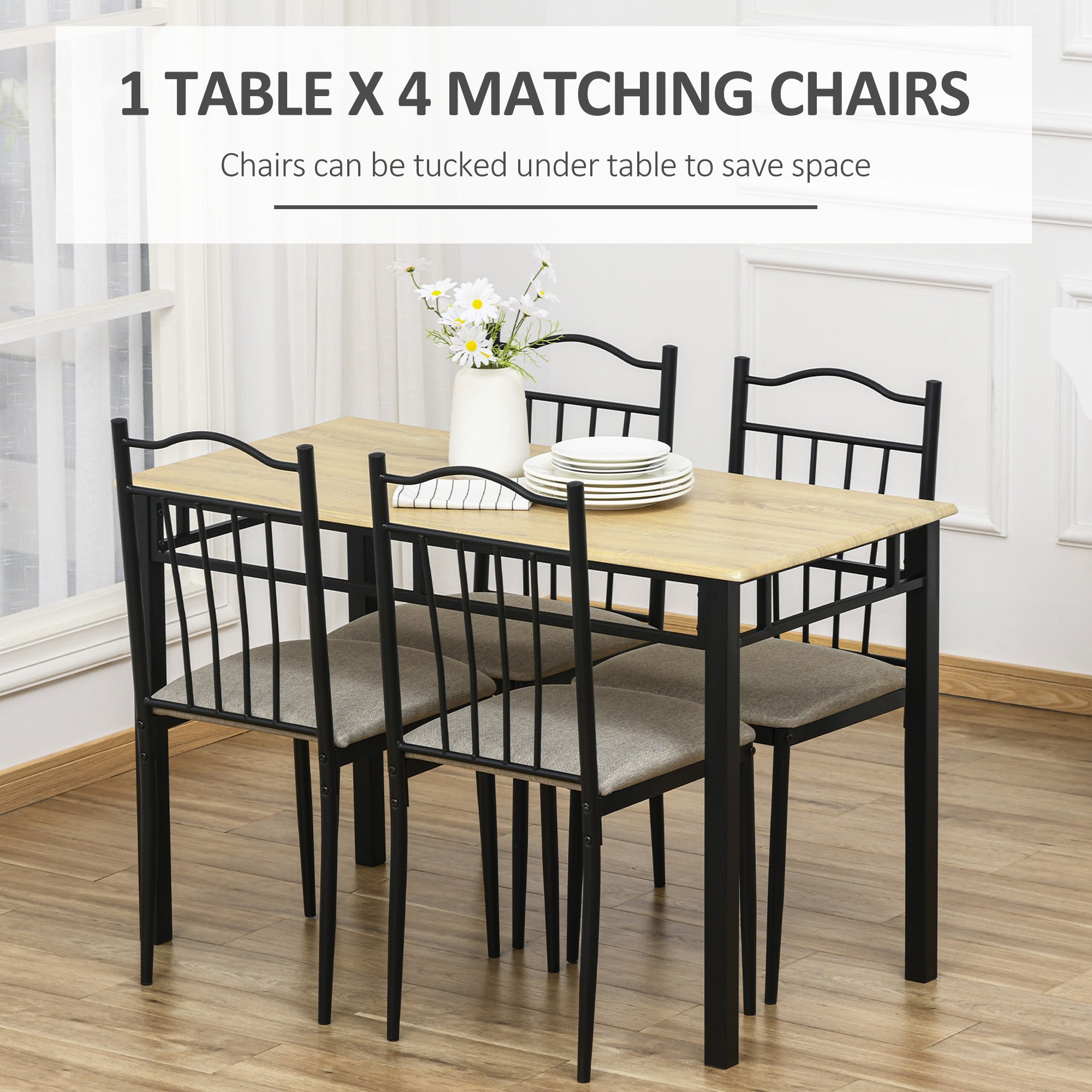 HOMCOM 5-Piece Dining Delight: Wood Color Table, 4 Cushioned Chairs with Metal Legs, Modern Home Kitchen Set