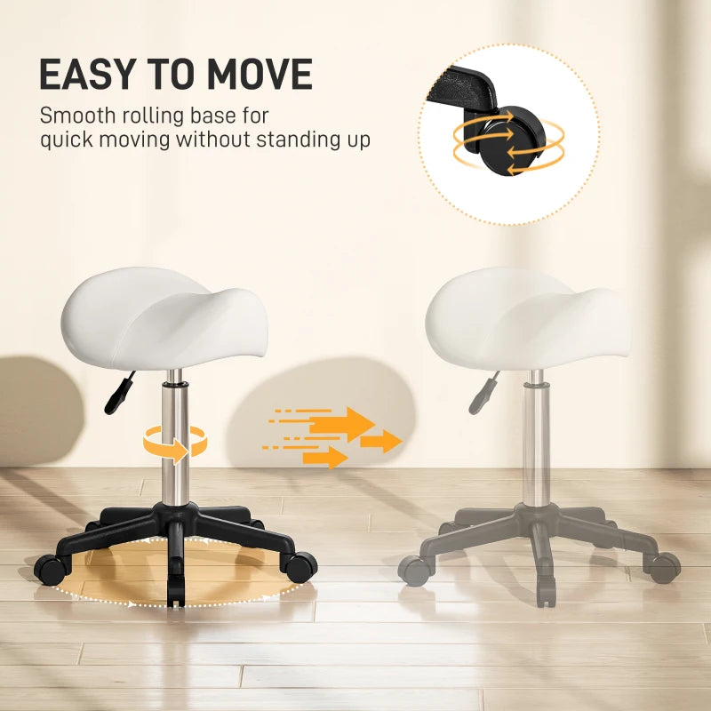 Saddle Stool, Adjustable Rolling Stool, White