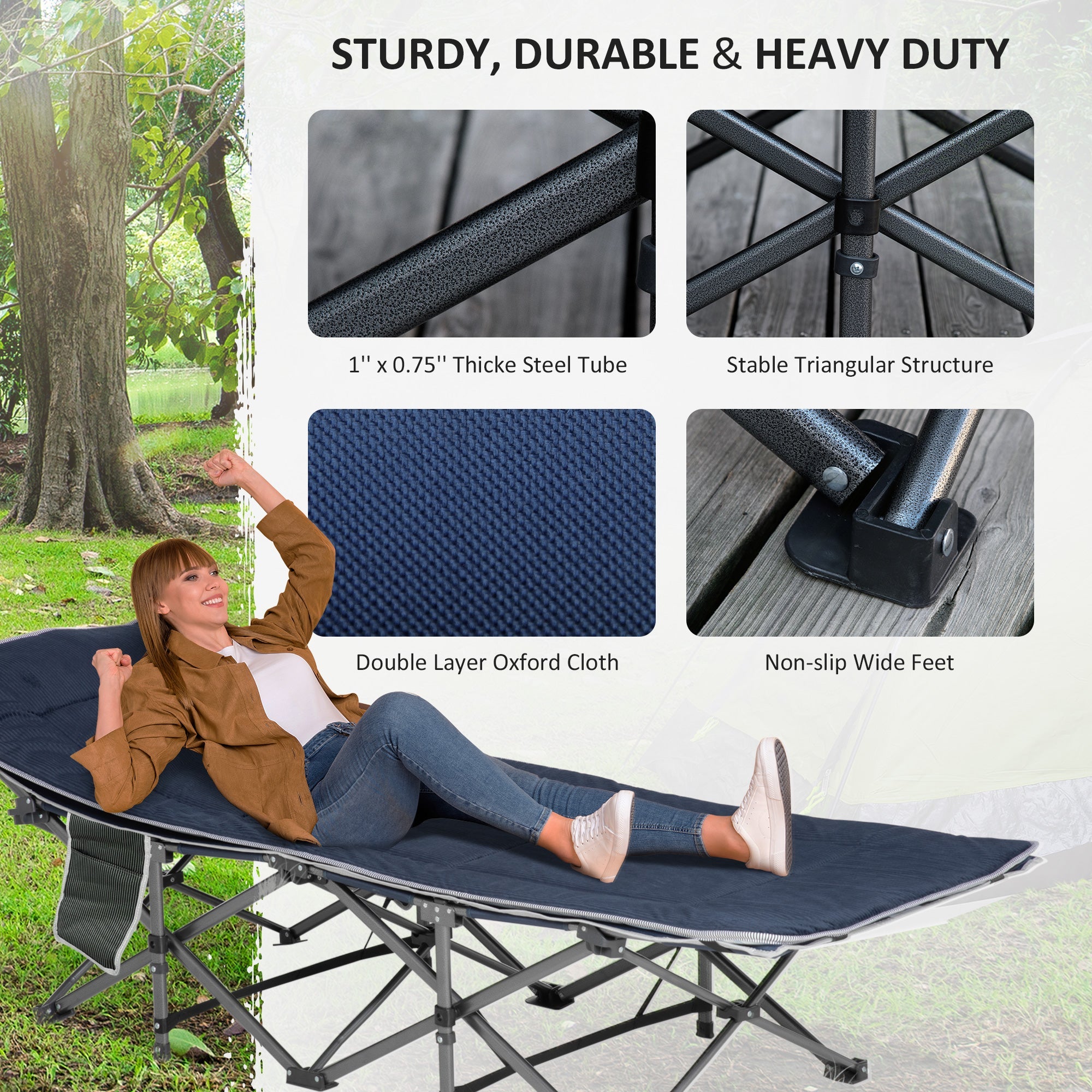 Outsunny Folding Camping Cot for Adults with Mattress Pillow Double Layer Oxford Heavy Duty Sleeping Cot Carry Bag Blue