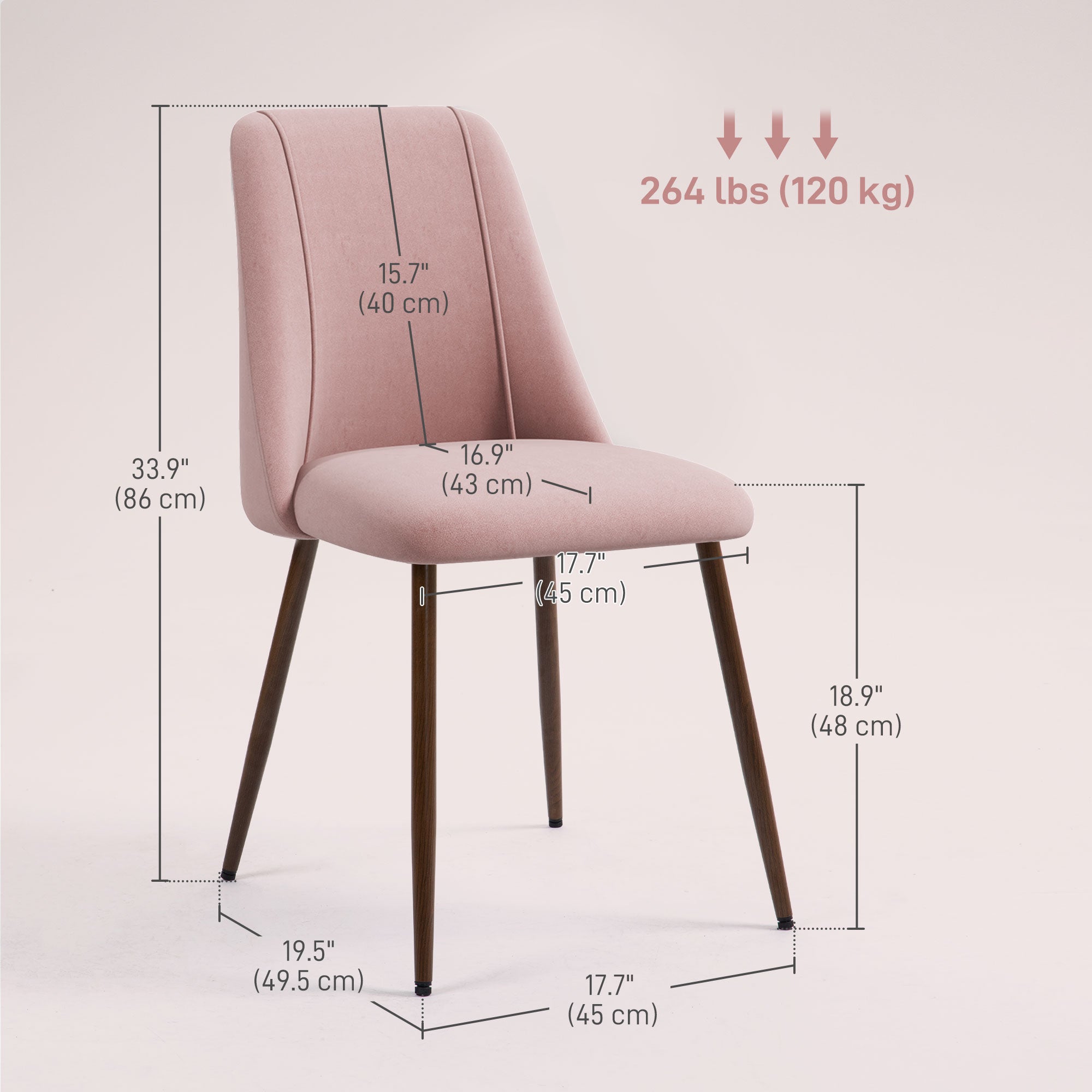 HOMCOM Upholstered Dining Chairs Set of 4, Velvet Accent Chair with Back and Wood-grain Steel Leg for Kitchen, Pink