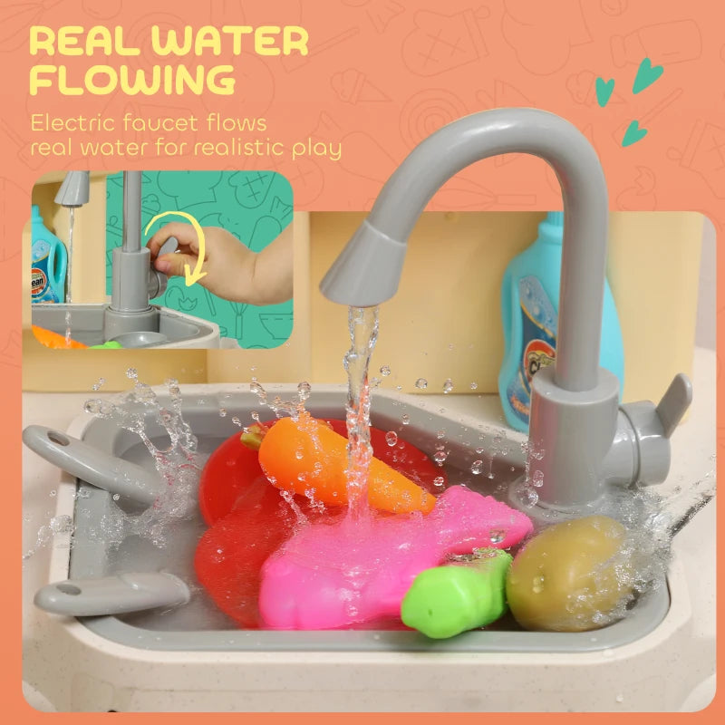 Qaba Play Kitchen Set, Kids Kitchen Playset with Real Lights and Sounds, Sink, Stove, Clock, Accessories, Pink