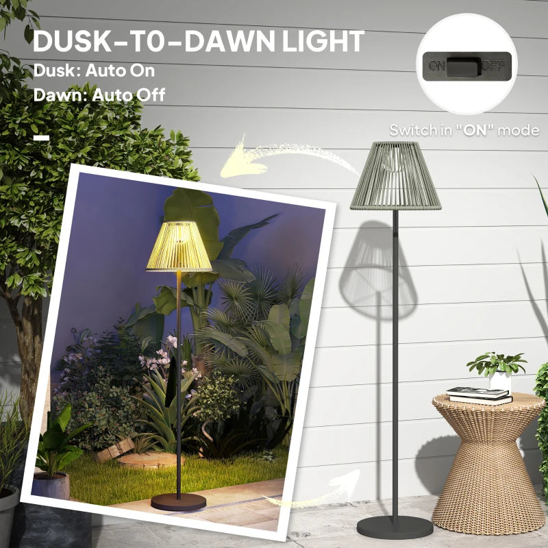 Wicker Outdoor Floor Lamp, Cordless Solar Lantern with Auto On/Off LED Lights, IP44 for Patio, Porch, Pathway, Grey