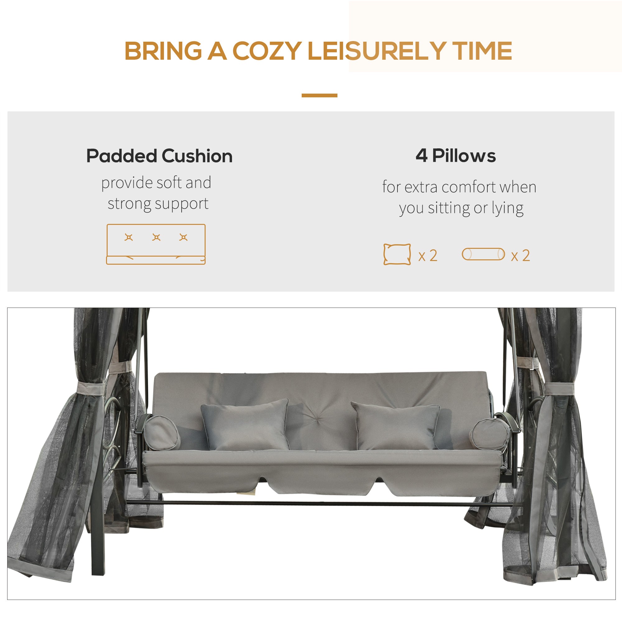 Outsunny 3 Person Outdoor Patio Daybed 3 in 1 Canopy Gazebo Swing Chair Garden Hammock with Mesh Mosquito Net and Sun Shade Grey