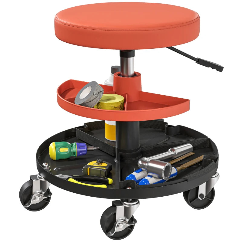 Rolling Garage Stool, 300 LBS Capacity Mechanic Stool with 2.5" Wheels, Tool Trays Storage, Adjustable Height, Orange
