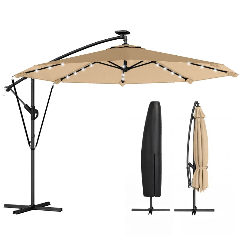 9.7ft Solar LED Cantilever Patio Umbrella with 32 LED Lights, Cross Base, Crank Handle, for Poolside, Deck, Khaki