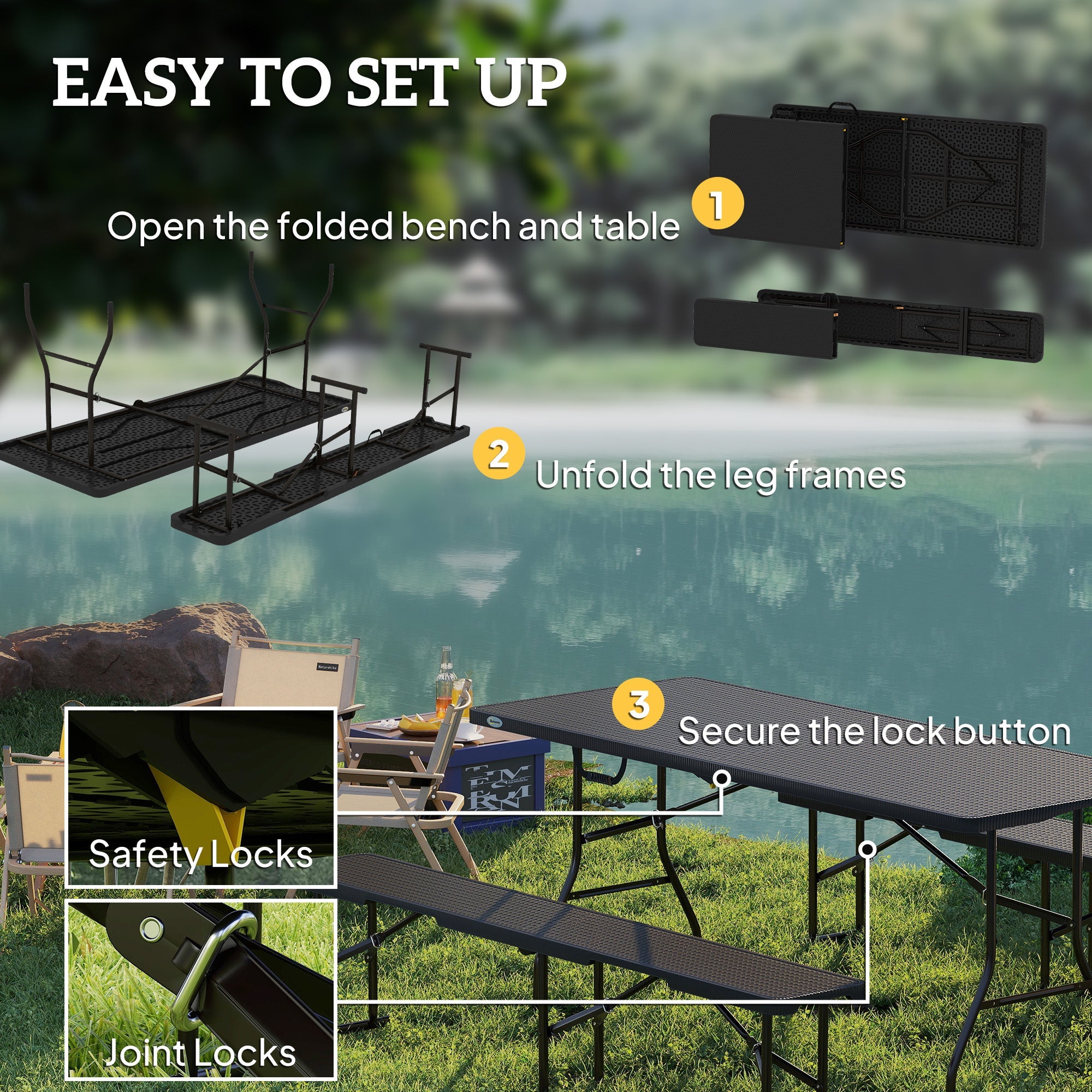 Outsunny 6FT 3PCS Faux Rattan Outdoor Camping Table Bench Set with Carrying Handles, Folding Picnic Table with 2 Benches, Black