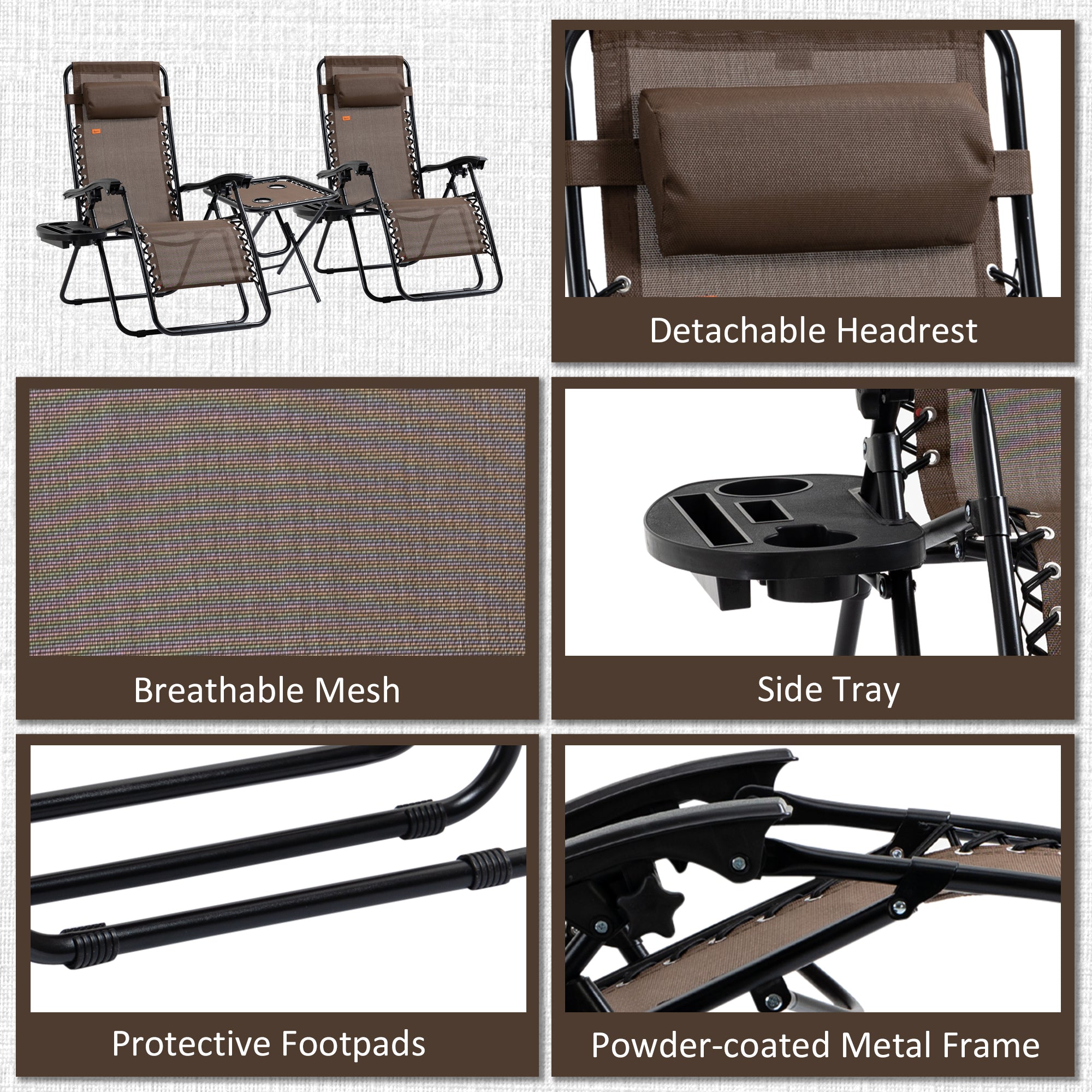 Outsunny Zero Gravity Chair Set of 2 Patio Chair with Side Table Cupholders and Pillows for Pool, Backyard, Lawn, Beach, Brown