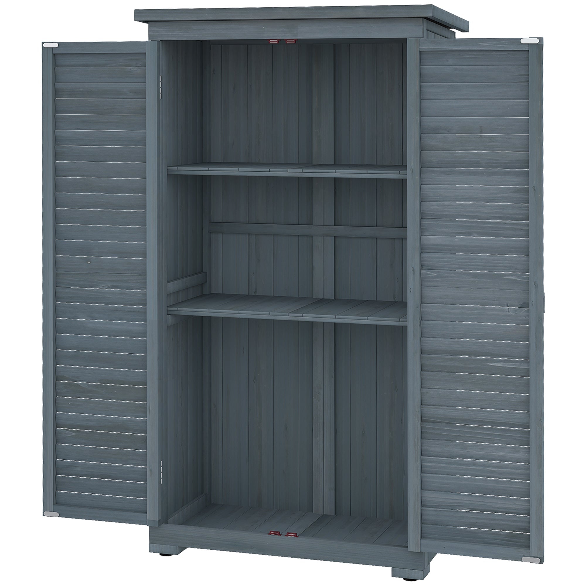 Outsunny Outdoor Garden Shed with 3-Tier Shelves & Asphalt Roof - Wooden Tool Storage Solution, Shutter Doors, 34.3"x18.3"x63", Grey