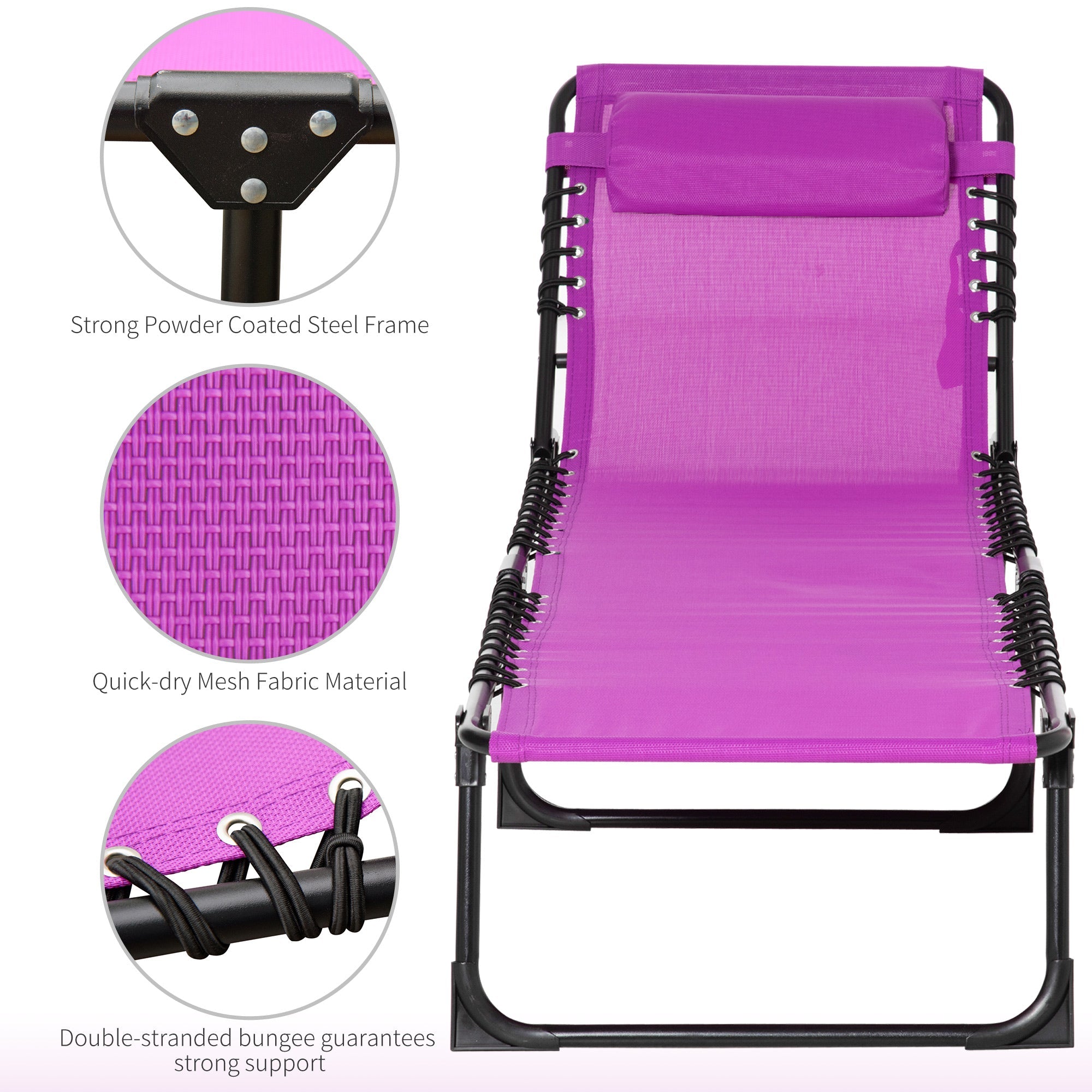 Outsunny Portable Folding Beach Bed 4-Level Adjustable Recliner Lounger Cot Purple Lightweight for Camping