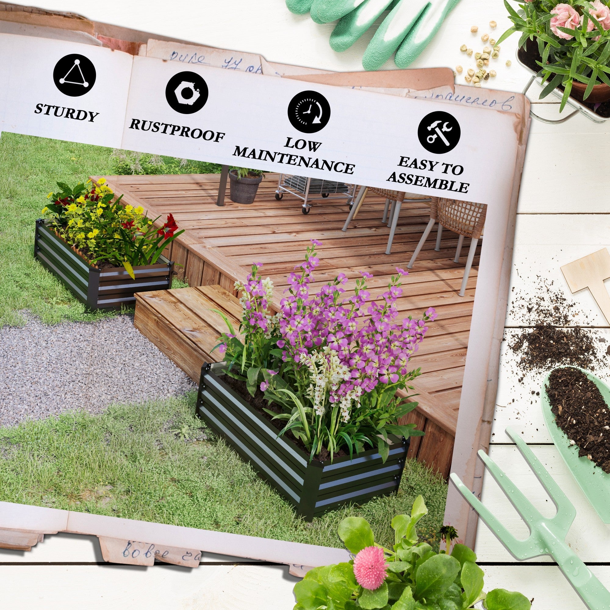 Outsunny Set of 2 Galvanized Raised Garden Beds in Grey - Outdoor Planter Boxes for Flowers, Herbs & Vegetables