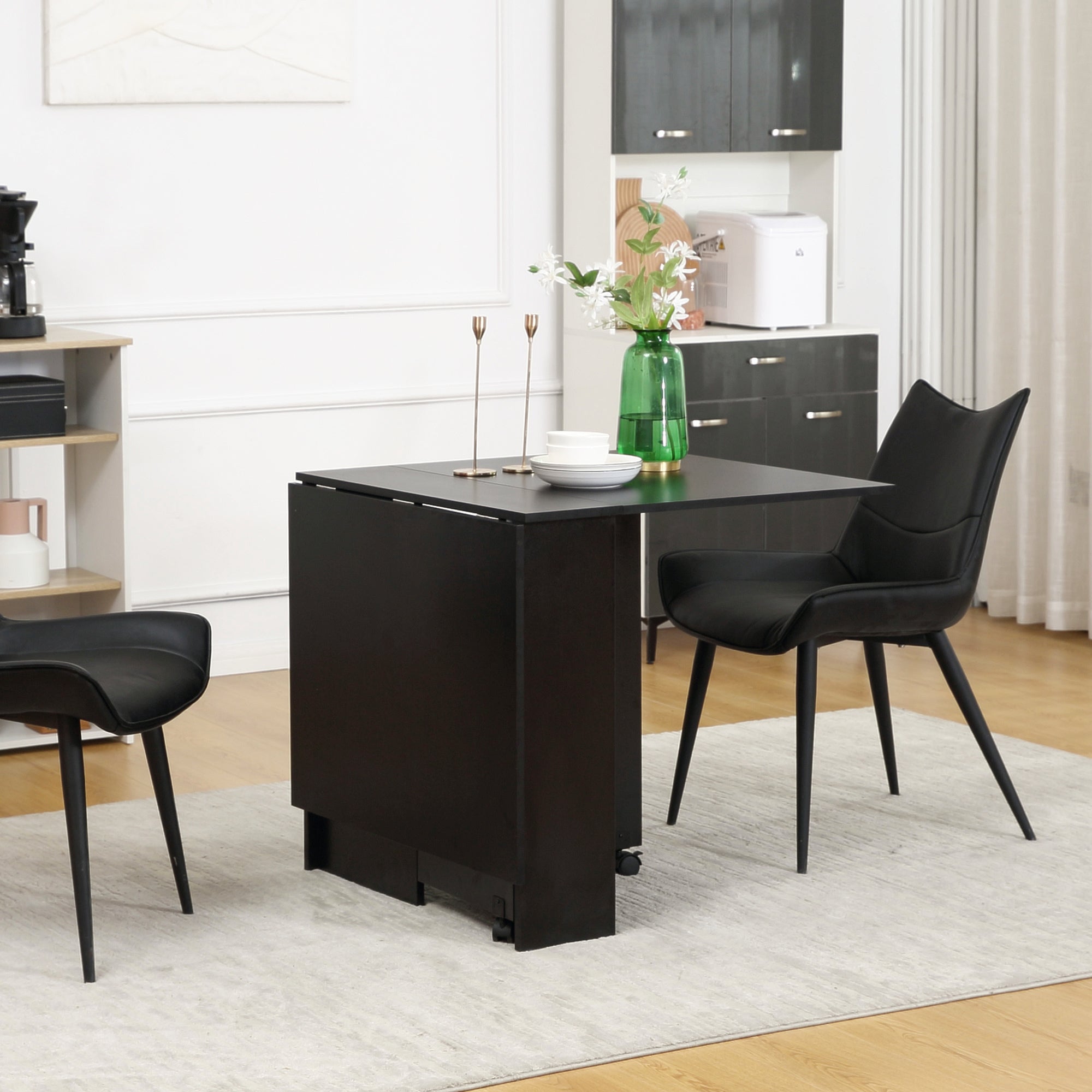 HOMCOM Folding Dining Table Extendable Movable Drop Leaf with Shelves Casters Black for Small Spaces
