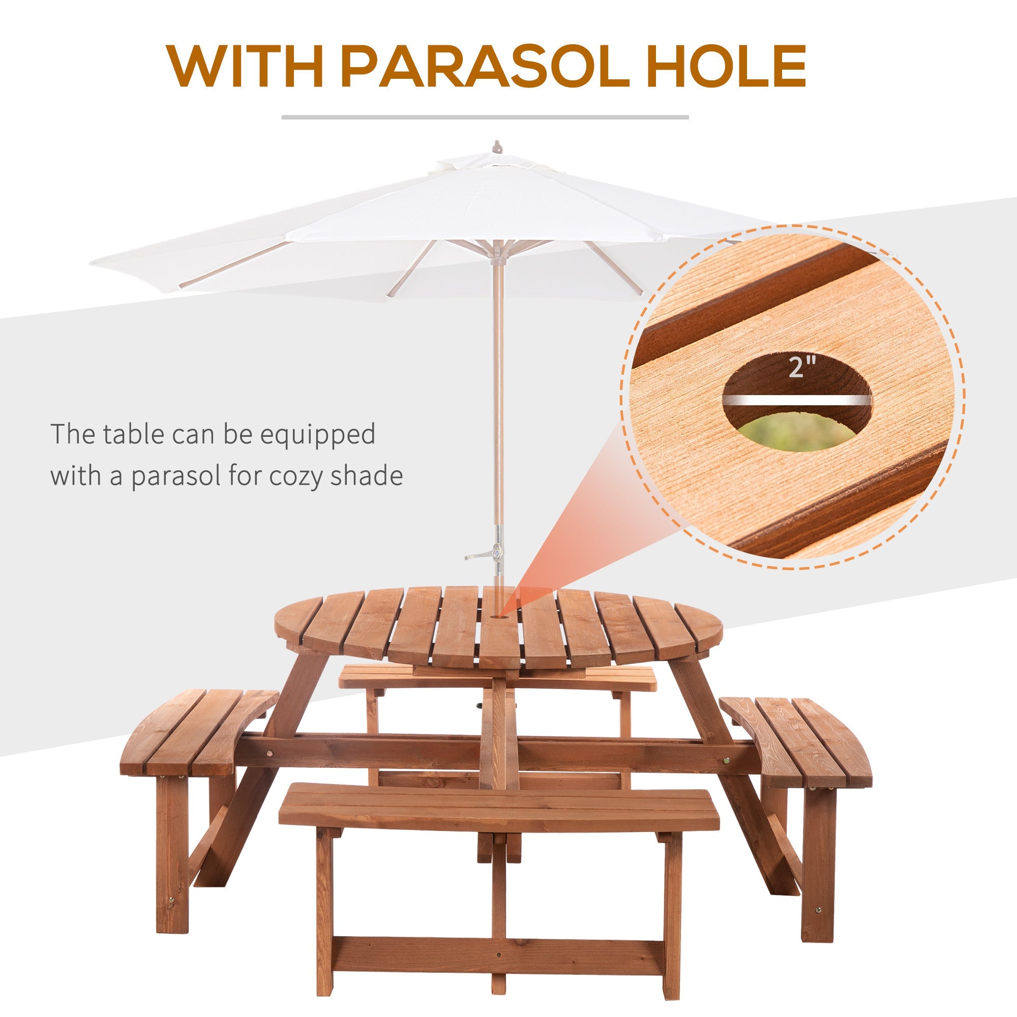 Outsunny Wooden Pub Bench 8-Person Round Picnic Table Outdoor Patio Furniture Durable