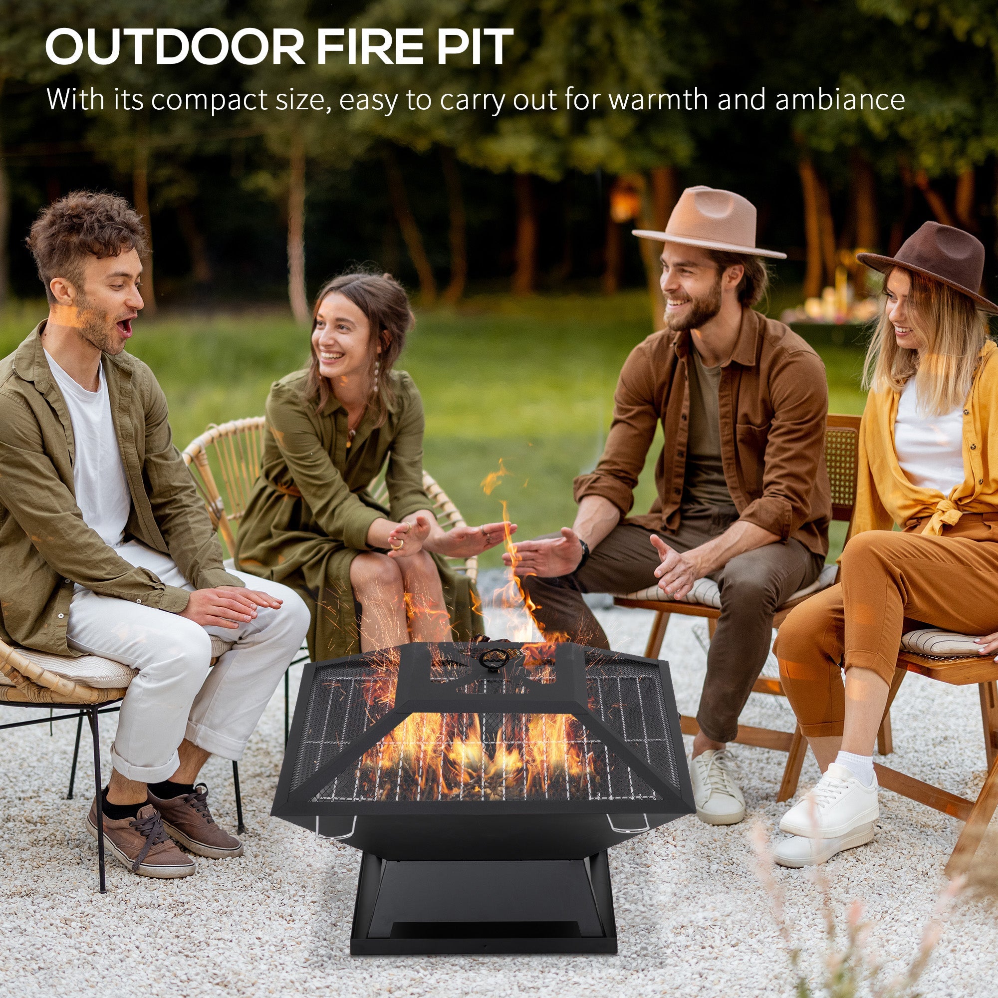 Outsunny Campfire Companion: 17.7"x17.7"x13.4" Portable Wood Burning BBQ Grill Fire Pit with Spark Screen, Poker, Camping, Black
