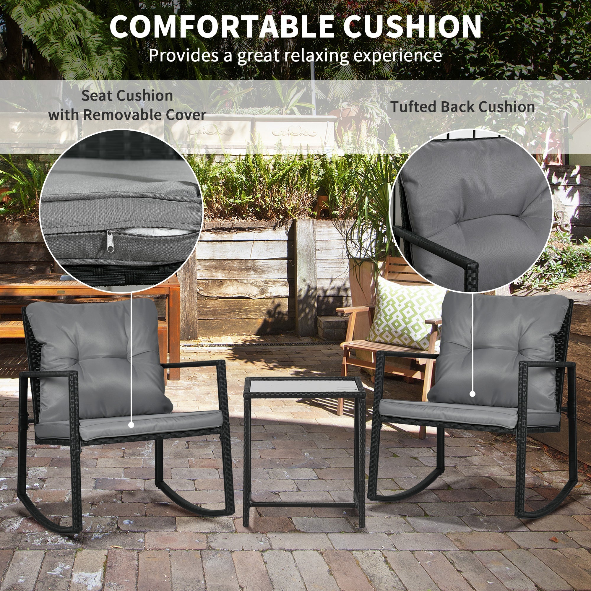 Outsunny 3-Piece Rocking Bistro Set, Wicker Outdoor Furniture with Glass Coffee Table, Rocking Chairs for Porch & Lawn