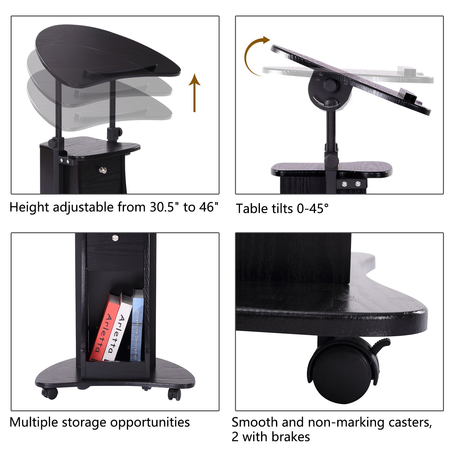 HOMCOM Deluxe Adjustable Rolling Laptop Cart Presentation Stand Black