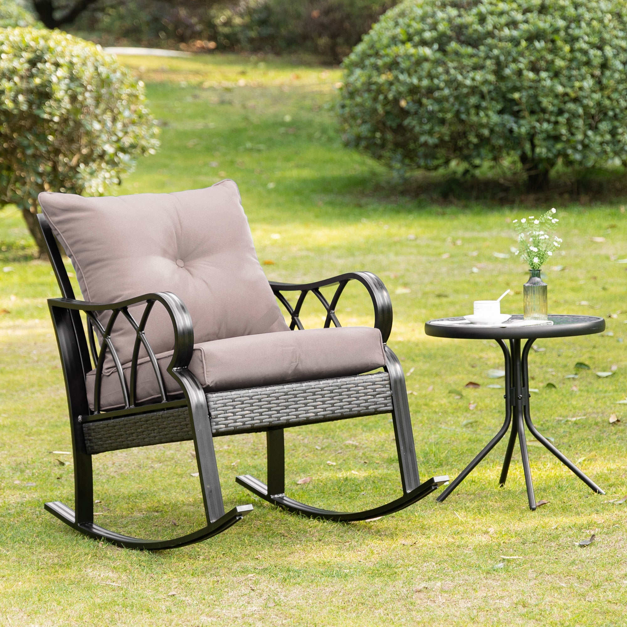 Outsunny Wicker Rocking Chair Outdoor with Cushions for Garden Patio Backyard Grey