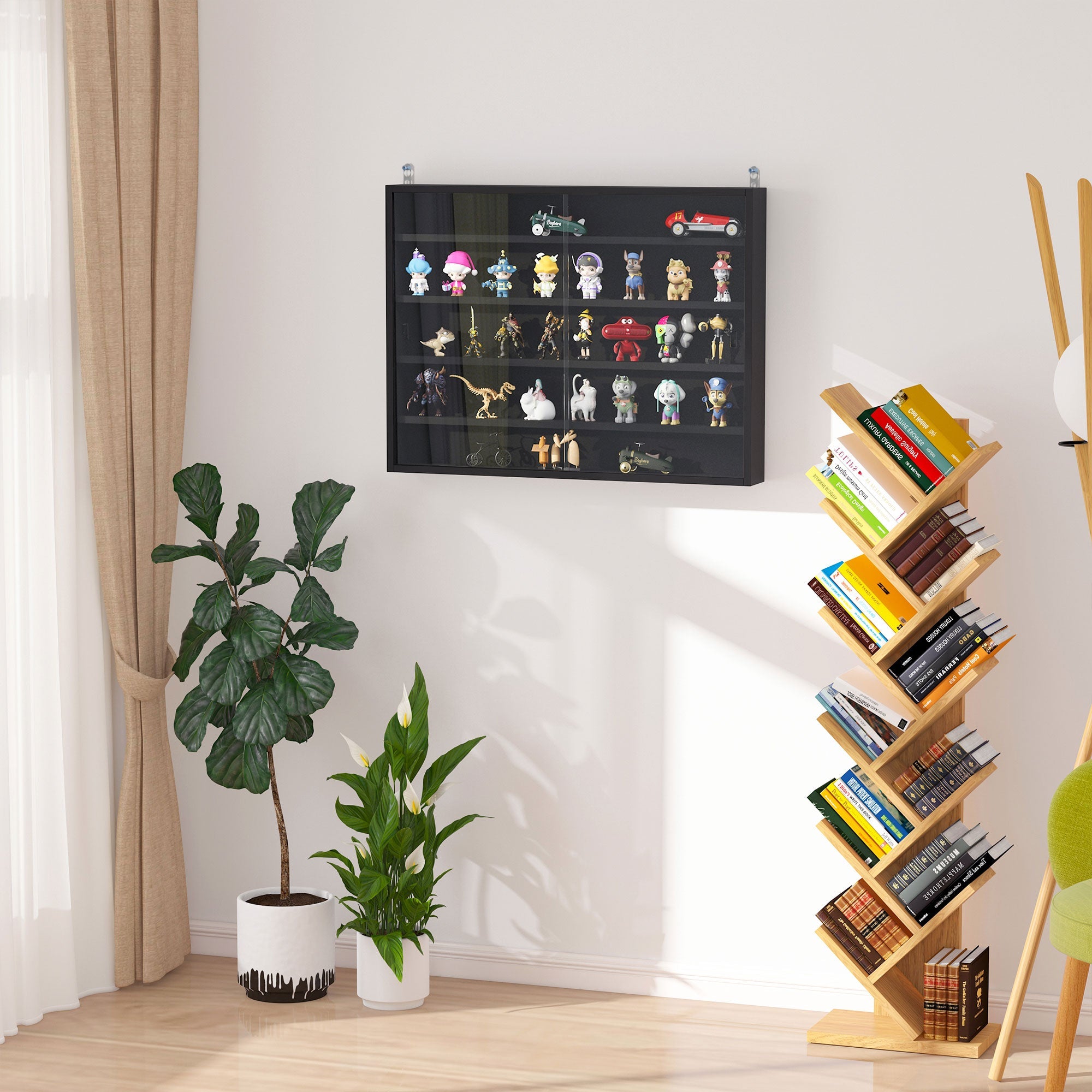 HOMCOM Display Delight: Unique 5-Tier Wall Shelf Cabinet with 2 Glass Doors, 4 Adjustable Shelves, Perfect for Home Decor, Black Finish