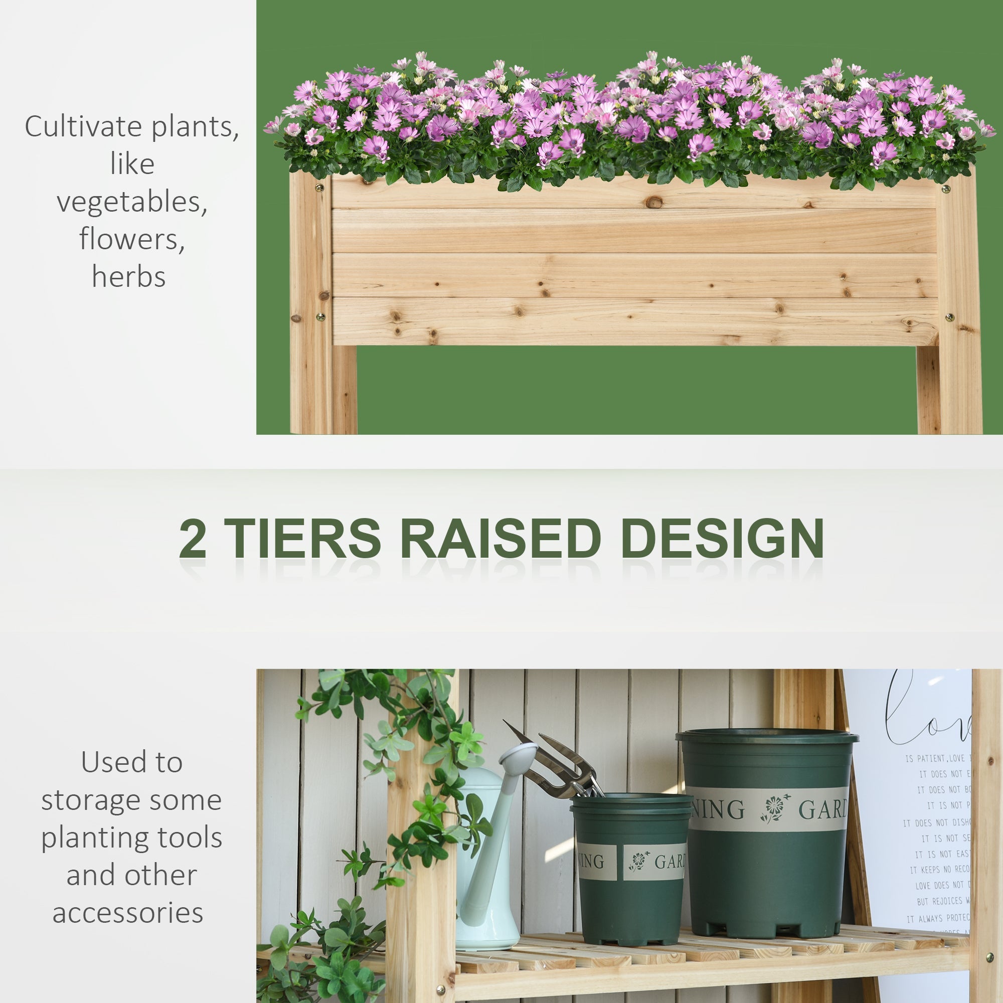 Outsunny Raised Garden Bed with Legs, Elevated Box Planter with Storage Shelf, Bed Liner for Backyard Patio, Natural Wood