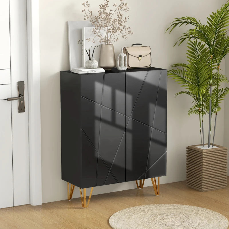 Narrow Shoe Storage Cabinet with Soft-Close Hinges and Adjustable Shelves for 15-20 Pairs of Shoes, High Gloss Black