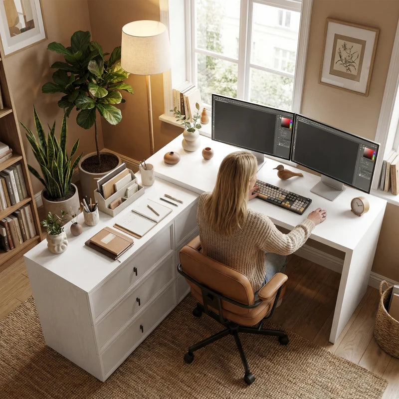 L Shaped Computer Desk Home Office Desk with 6 Drawers White Wood Grain