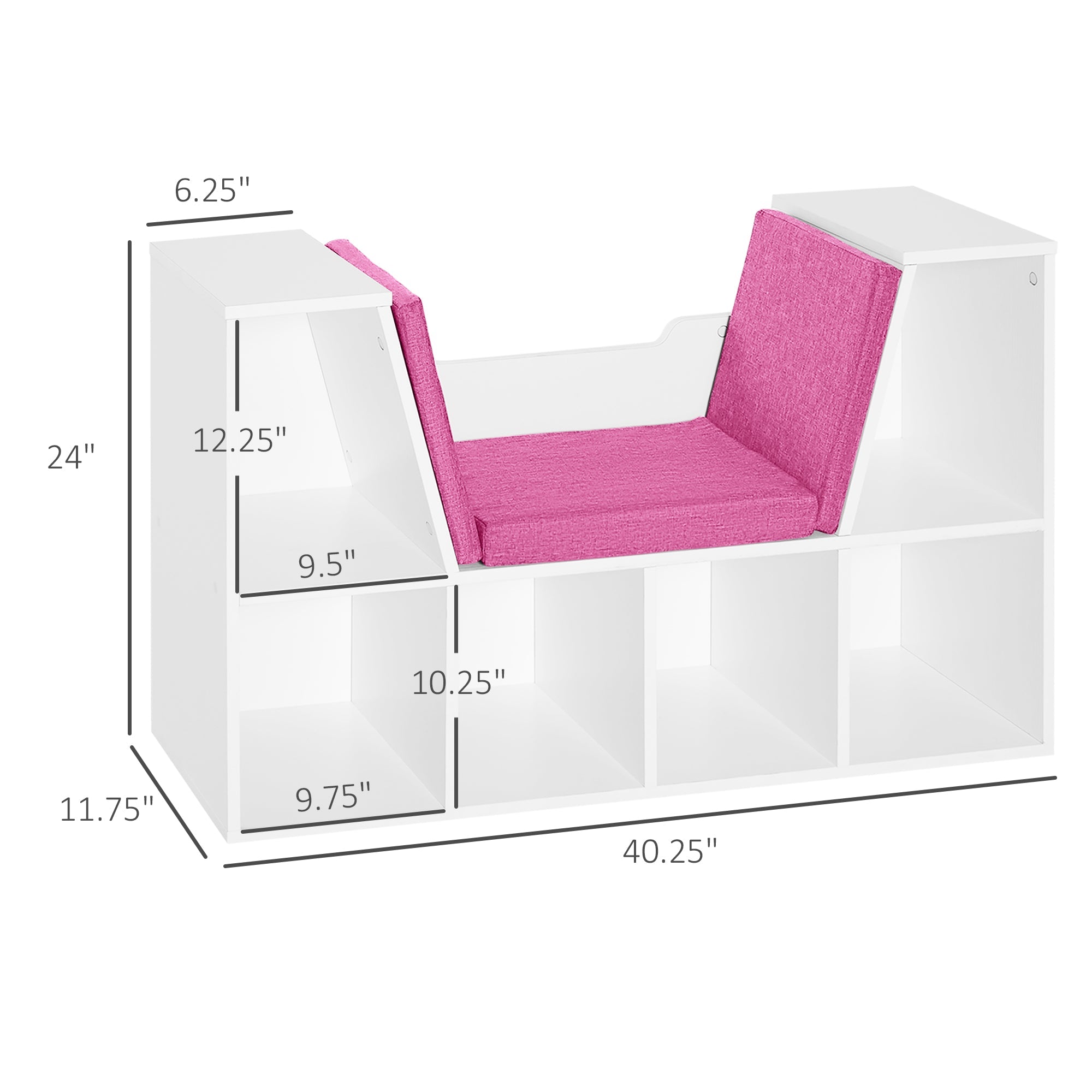 HOMCOM 6-Cubby Kids Bookcase with Cushioned Seat Reading Nook Multi-Purpose Storage Organizer Cabinet Shelf, White Pink