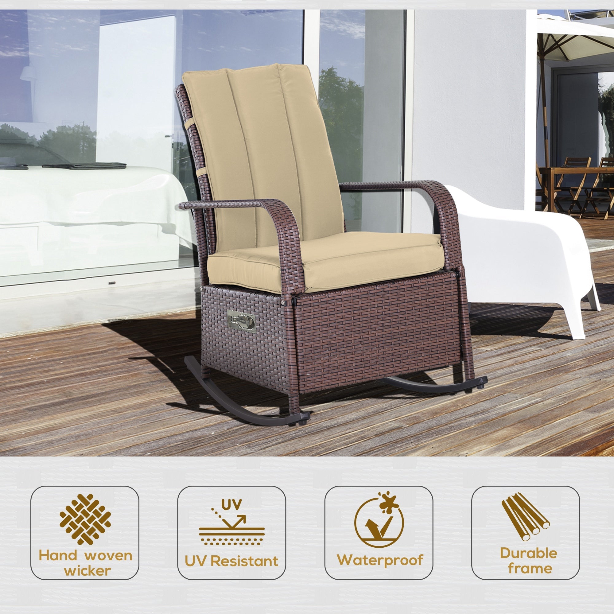 Outsunny Wicker Rocking Chair Outdoor Patio PE Rattan Recliner with Cushion Adjustable Footrest Khaki