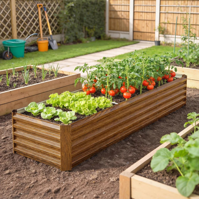 8 x 2.6 x 1.5ft Galvanized Raised Garden Bed, Reinforced Outdoor Planter Box with Open Bottom, Brown Wood Effect