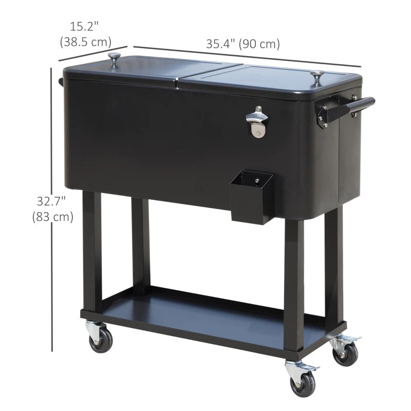 80 Quart Rolling Cooler Cart Portable Patio Ice Beer Beverage Cooling Bin for Outdoor Party w/ Bottle Opener & Storage Shelf Black