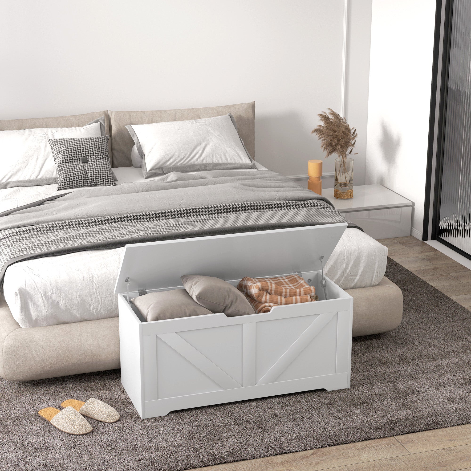 HOMCOM 39.4 Inches Storage Chest, Storage Trunk with 2 Safety Hinges, Wooden Toy Box for Living Room, White Wood Grain