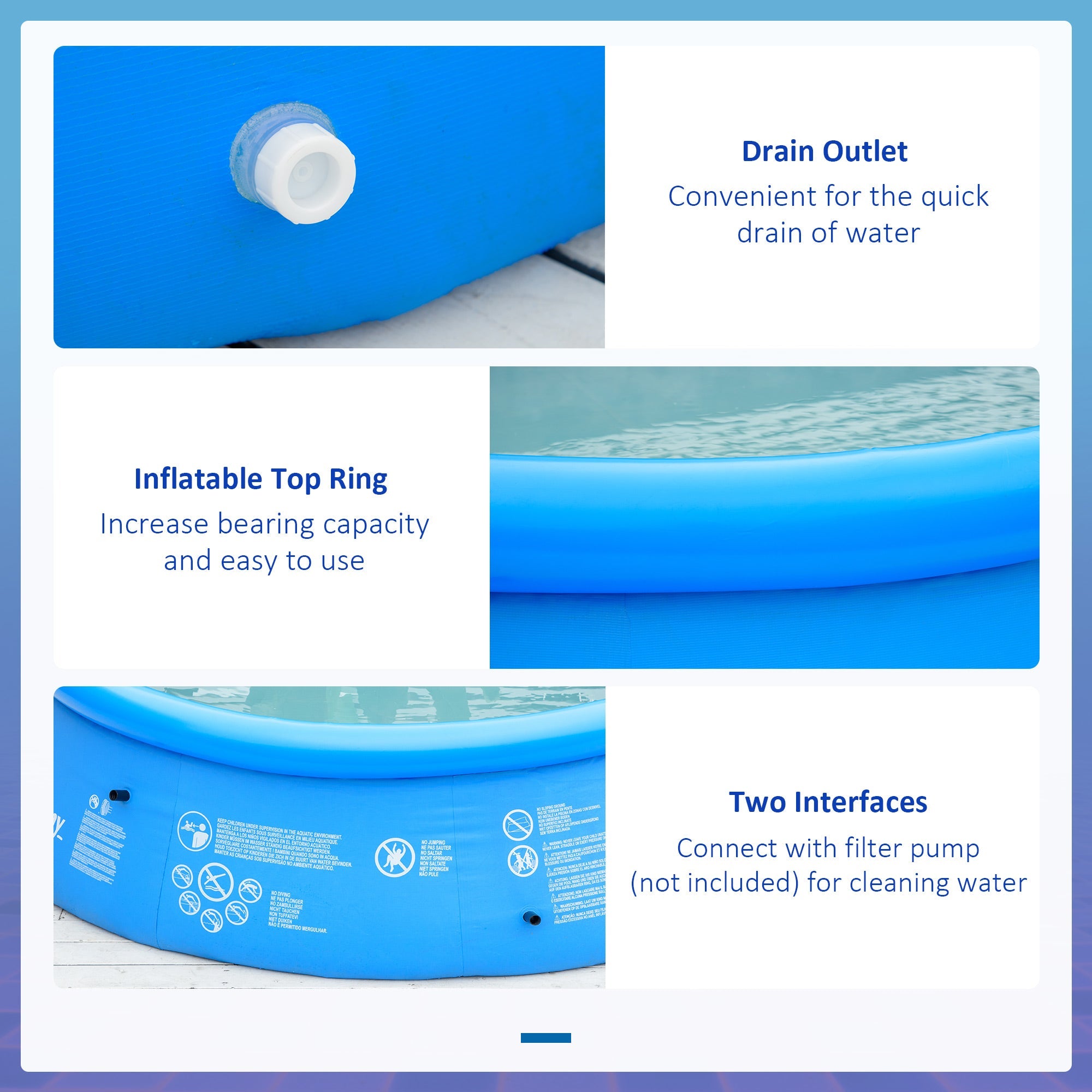 Outsunny Large Family Inflatable Swimming Pool Round Blow Up Paddling Pool with Hand Pump for Kids Adults 107"x30" Blue