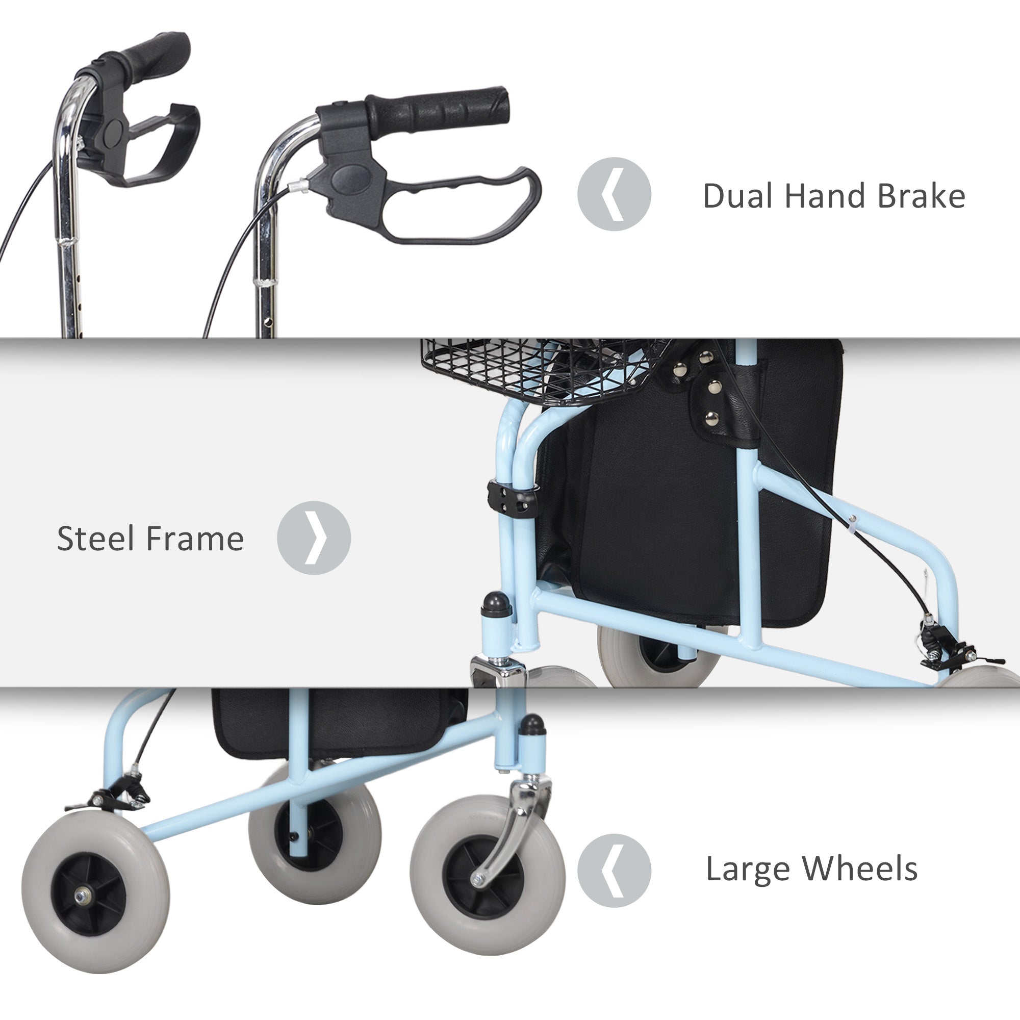 HOMCOM Upright Walker Up Rollator, Rolling Walker with Wheels, Storage Bag, Tray, Adjustable Handle Height, Blue