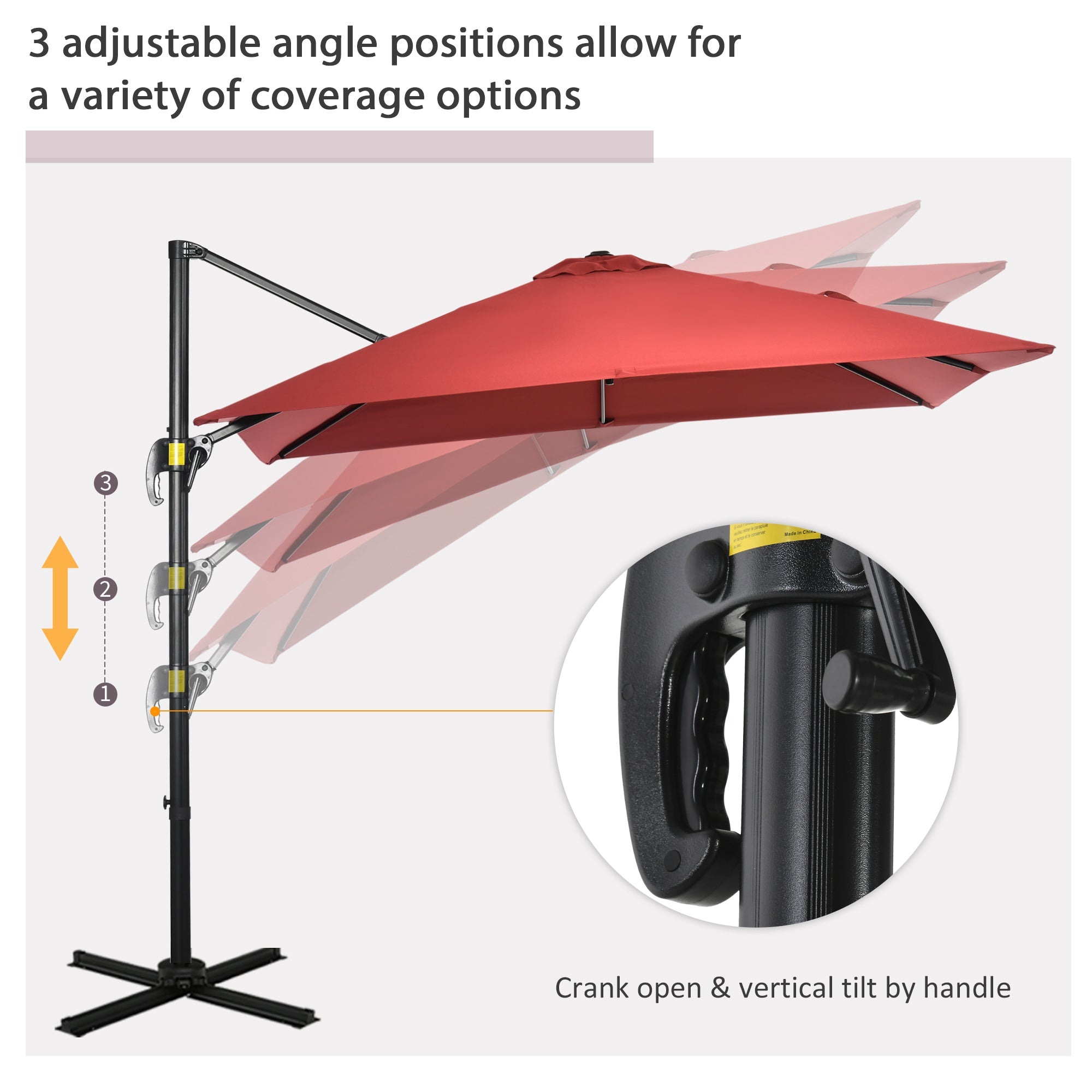 Outsunny Square Patio Hanging Offset Umbrella 8' x 8' Aluminum Cantilever Crank Market Parasol 360° Rotation Cross Base Wine Red