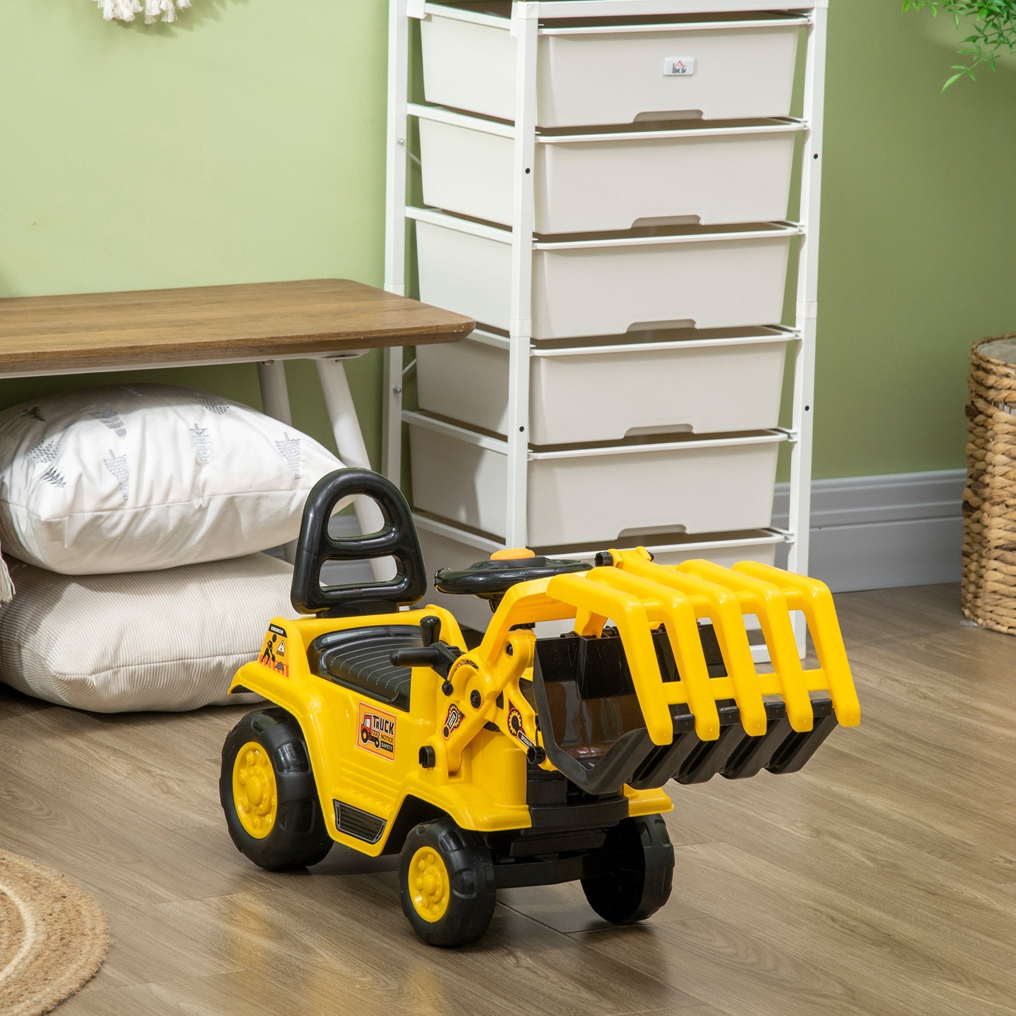 Aosom Ride On Excavator Toy No Power Digger Realistic Sound Grabber Under Seat Storage for 3-4 Years Old
