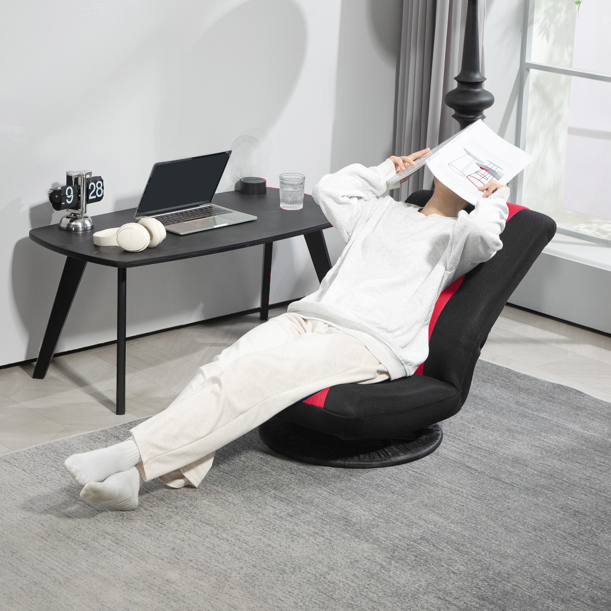 HOMCOM Folding Floor Chair for Adults Teens, 360 Degree Swivel Gaming Chair, 6 Positions Adjustable Lazy Sofa Chair, Red