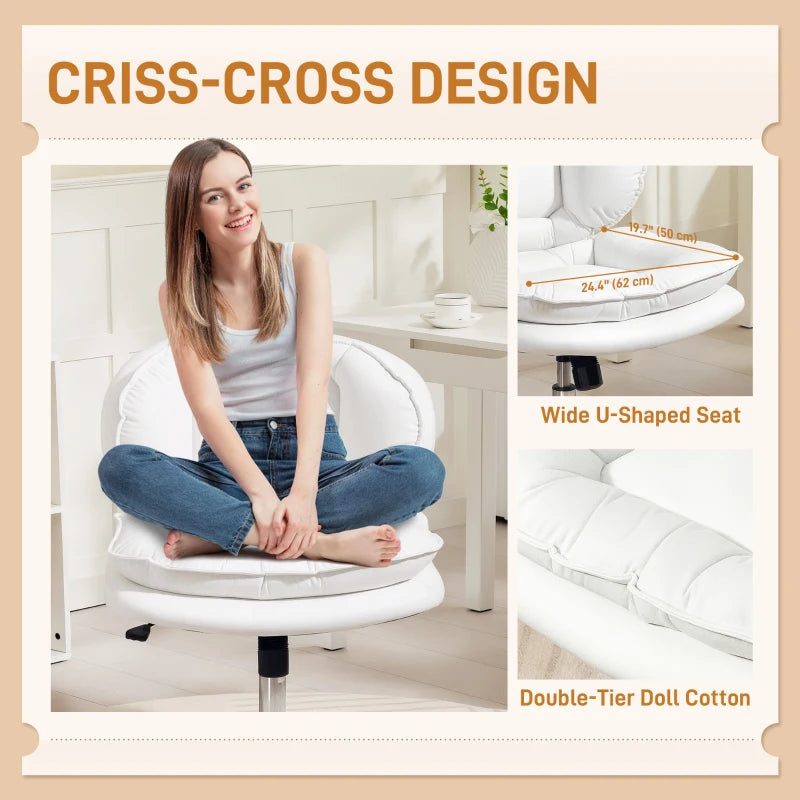 Criss Cross Chair, Armless Wide Office Chair with Leathaire Upholstery, Tilting, No Wheels, White