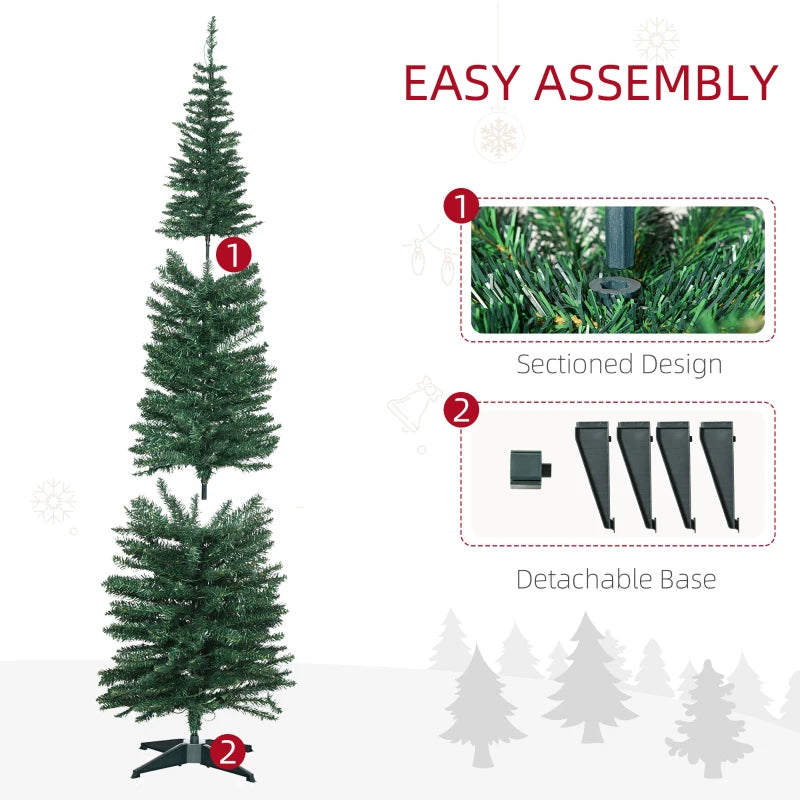 HOMCOM 7' Tall Pre-Lit Slim Noble Fir Artificial Pencil Christmas Tree with 200 Warm White LED Lights and 499 Tips, Green