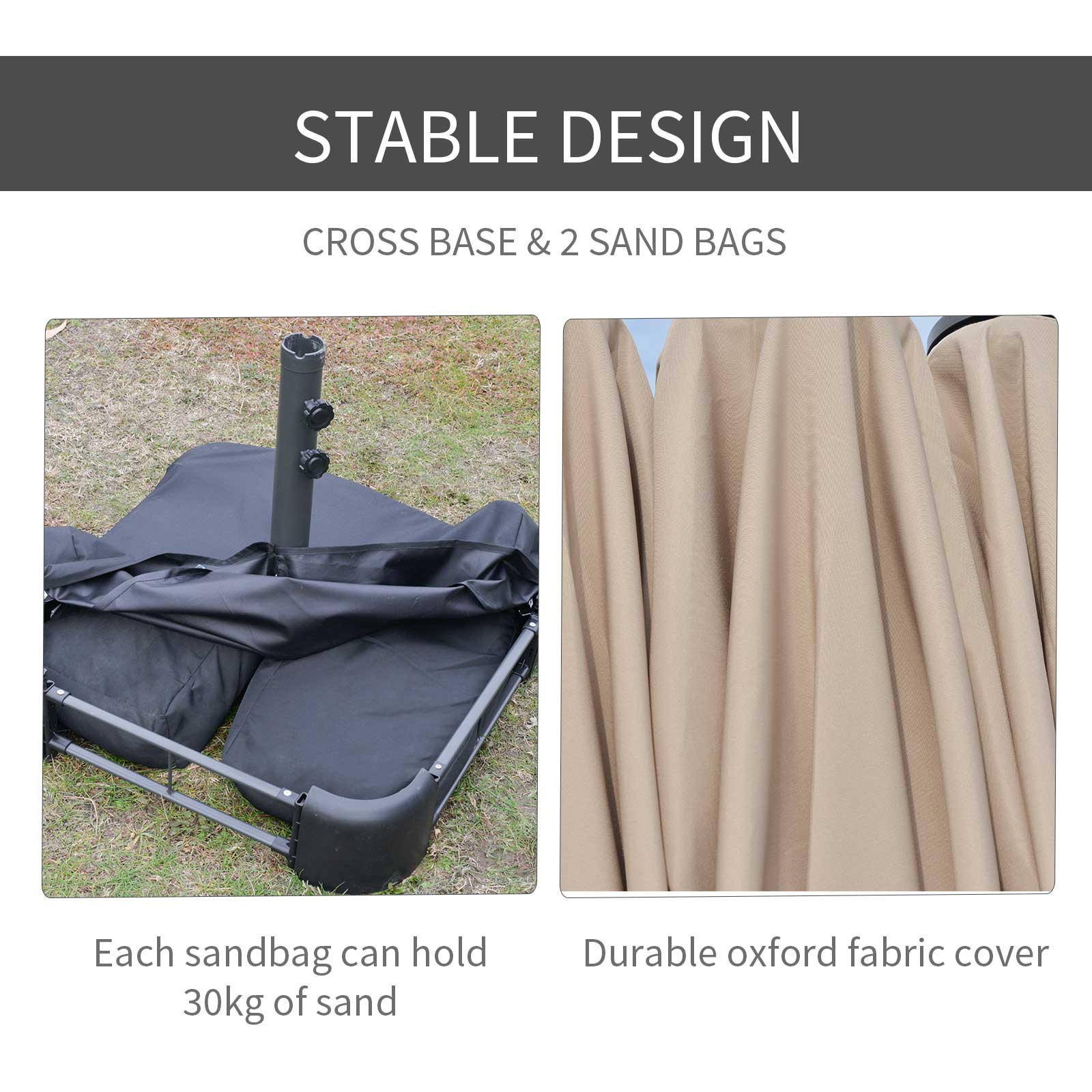 Outsunny 15' Outdoor Patio Umbrella with Twin Canopy Sunshade & Steel Table Umbrella with Lift Crank, Cross base, Sandbag, Khaki