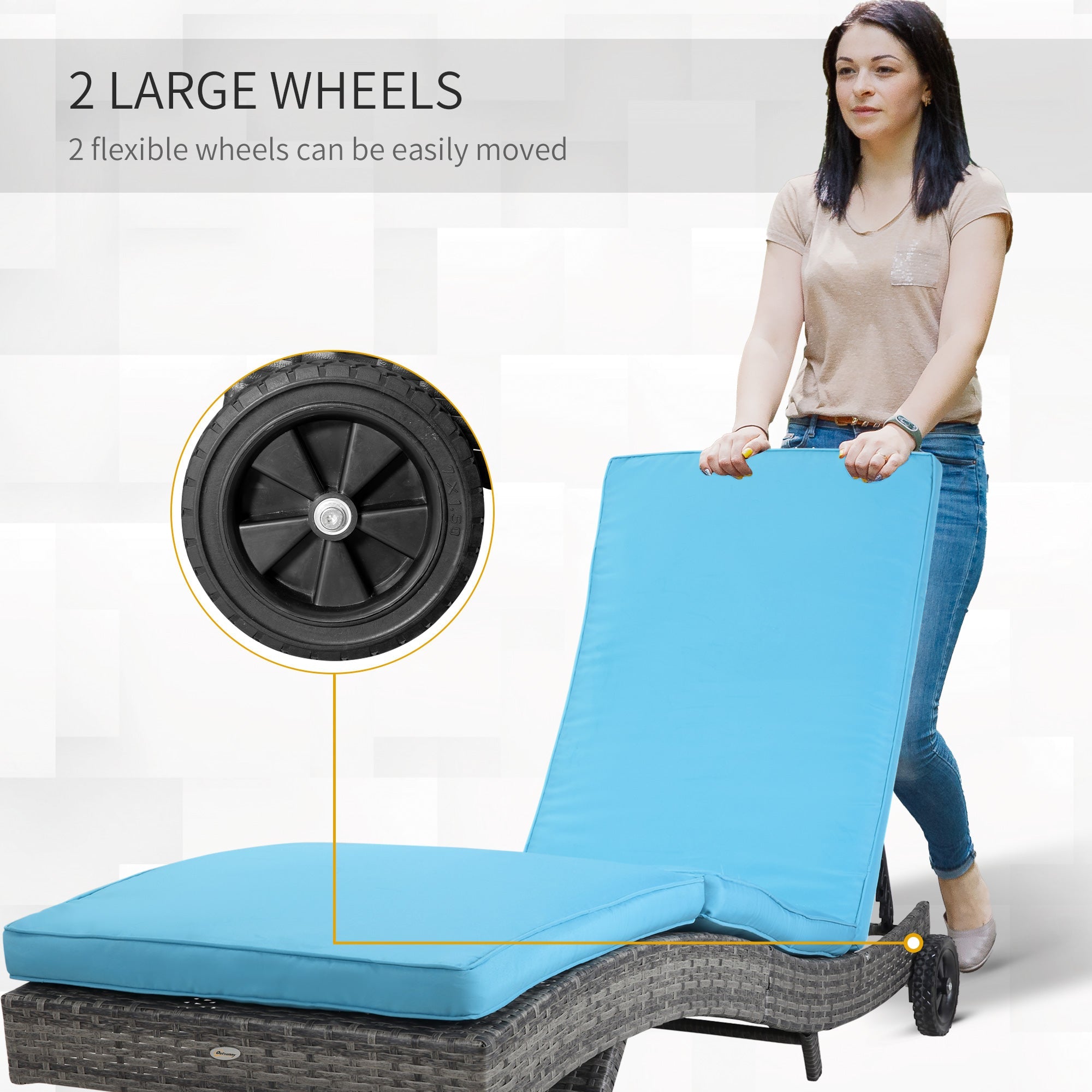 Outsunny Wicker Chaise Lounge Outdoor Adjustable 5-Level Backrest S-Shape Rattan Lounger with Cushion Wheels