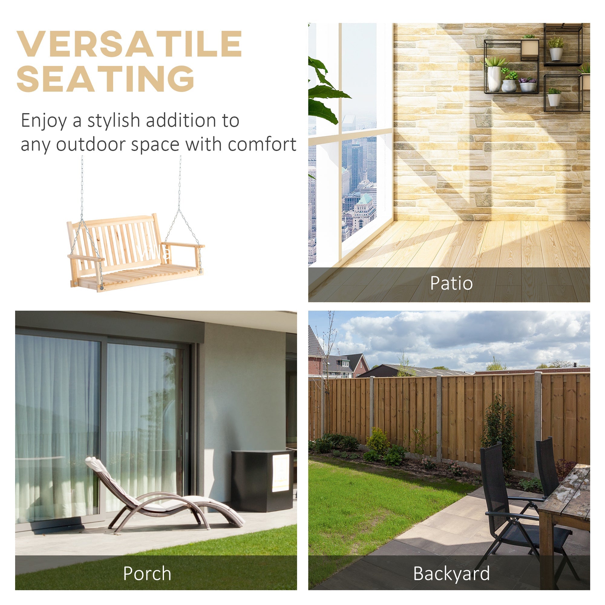 Outsunny Patio Swing Bench: 2-Person Natural Wood Design with Adjustable Hanging Chains