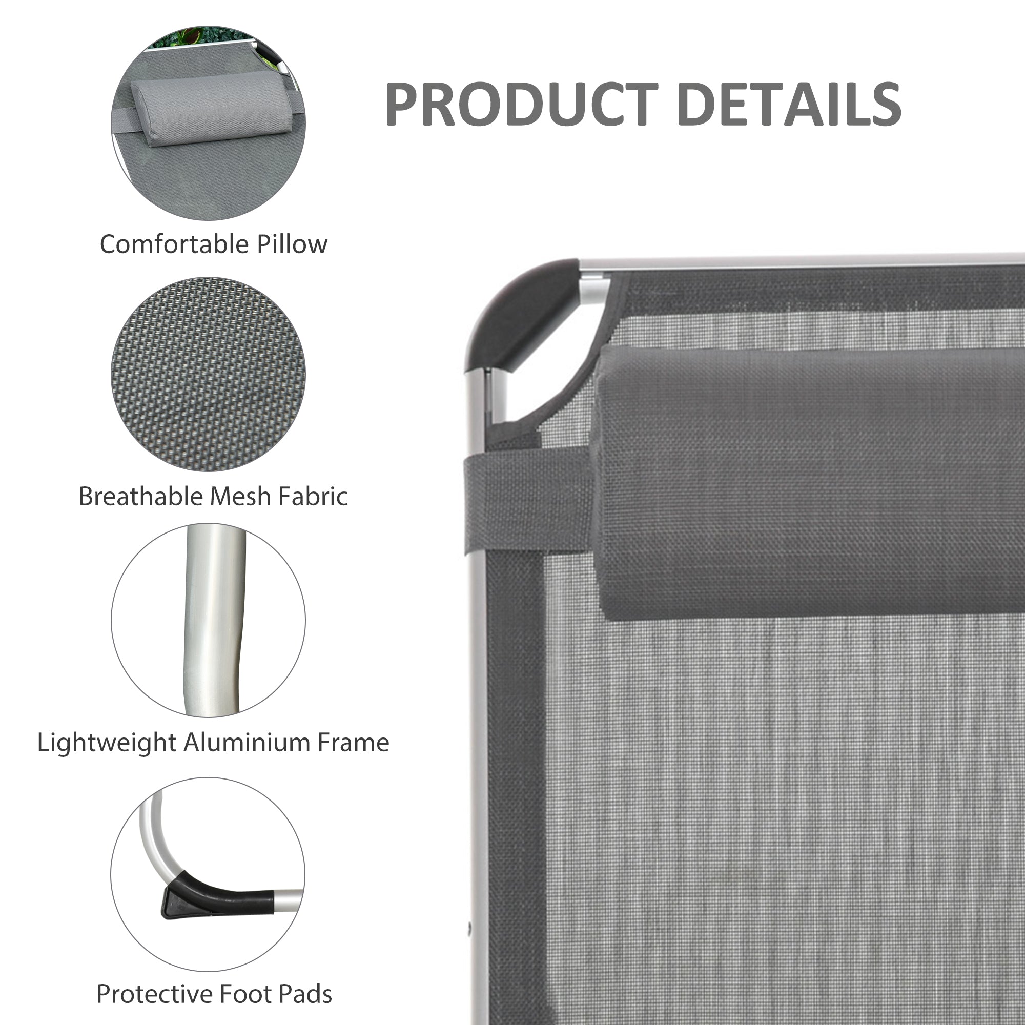 Outsunny Adjustable Folding Lounge Chair Patio Recliner with Headrest Aluminum Frame 5-Position Gray