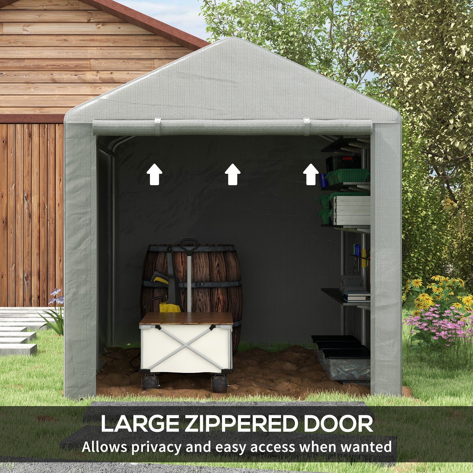 Outsunny Portable Bicycle Shed with Galvanized Steel Frame and Large Door, Waterproof Outdoor Shed for Garden Tools, Light Grey