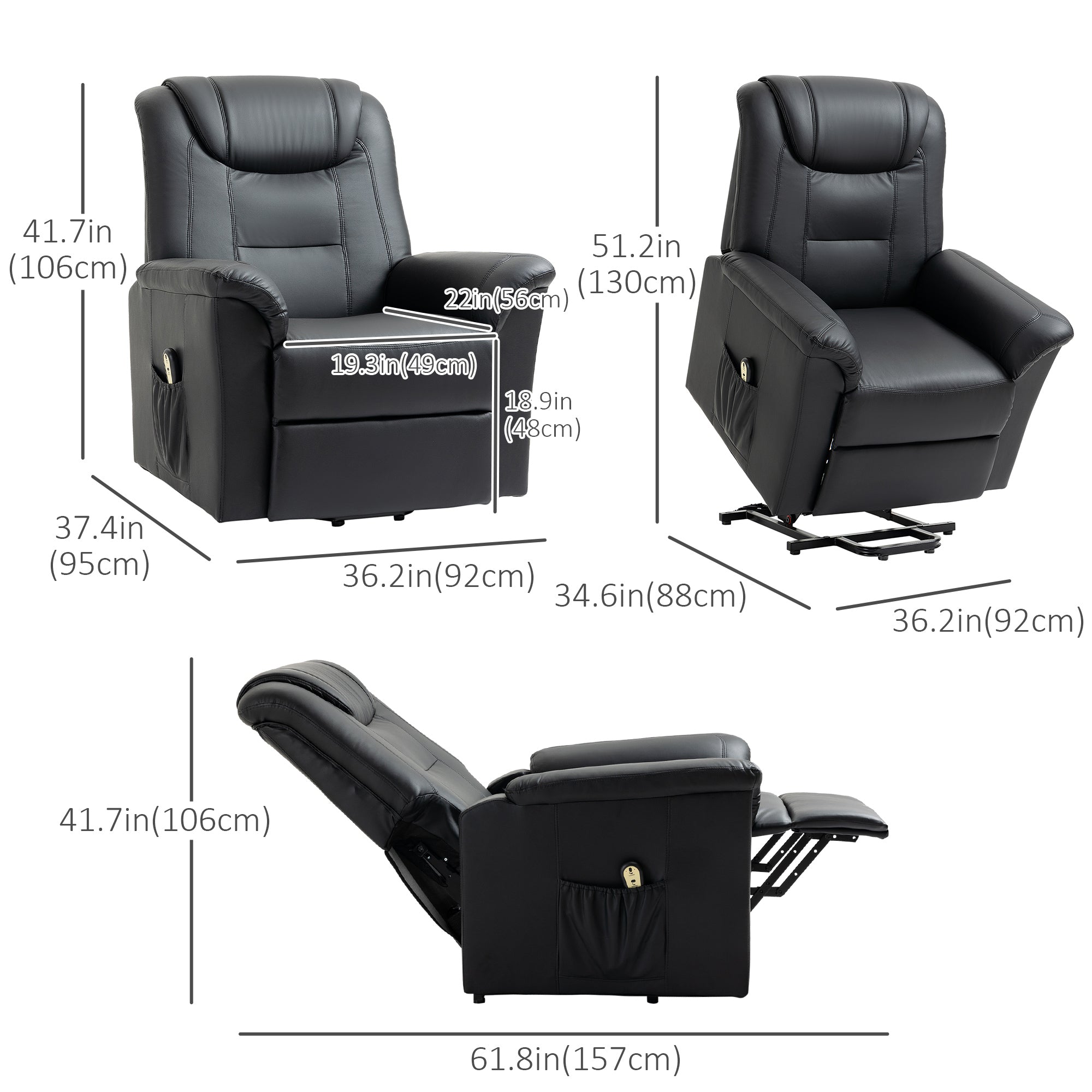 HOMCOM Electric Power Lift Recliner for Seniors PU Leather Sofa with Footrest Remote Black Living Room