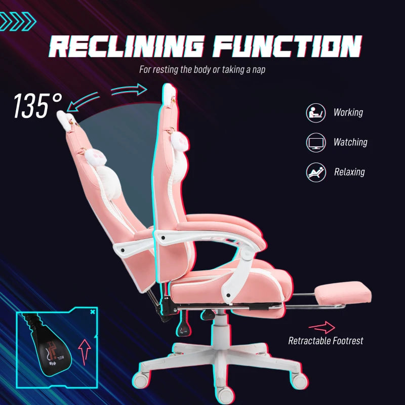 Cute Racing Gamer Chair, Faux Leather Gaming Chair with Footrest, Headrest and Lumbar Support, Pink