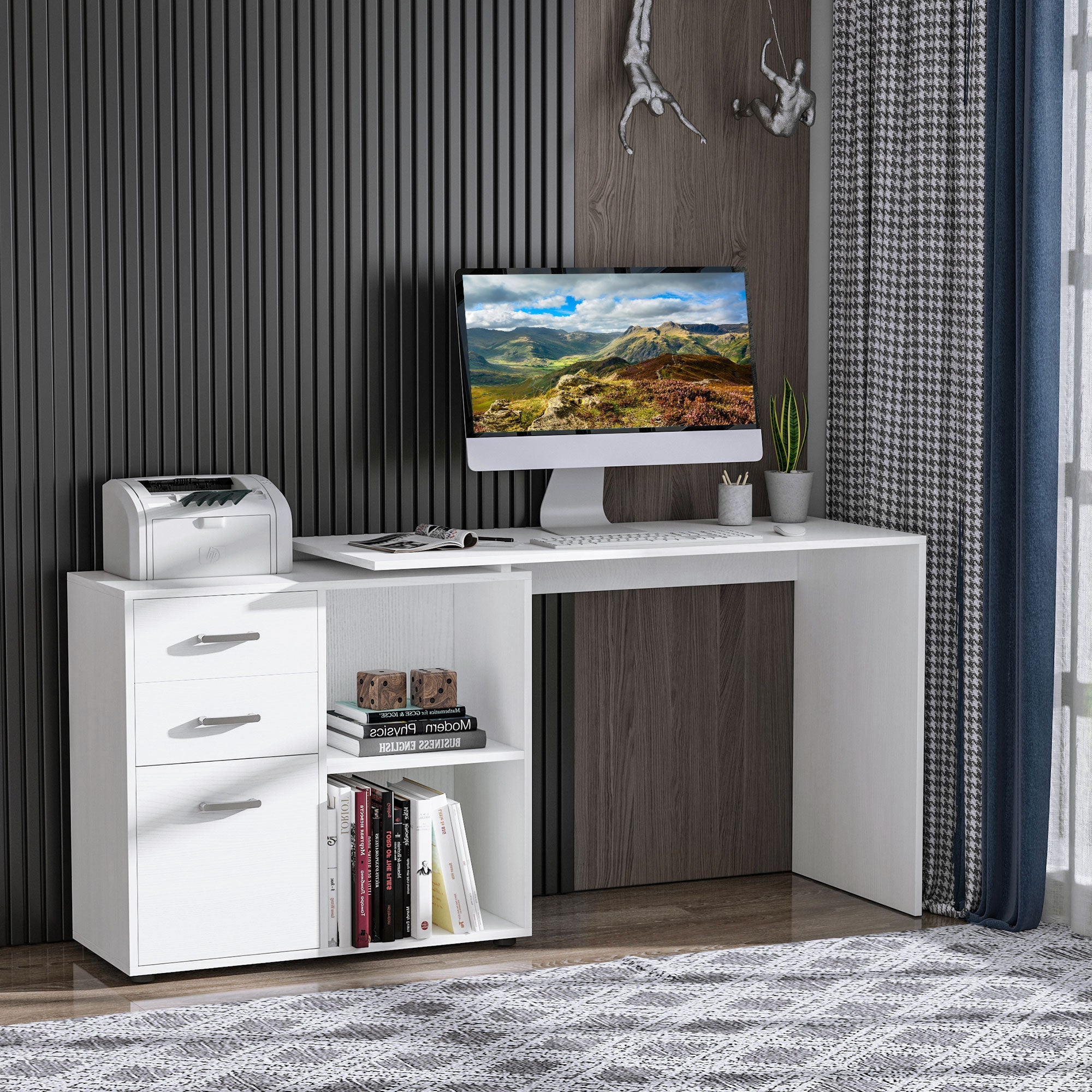 HOMCOM L-Shaped Desk Computer Corner with Storage Shelf Drawer White Home Office Workstation
