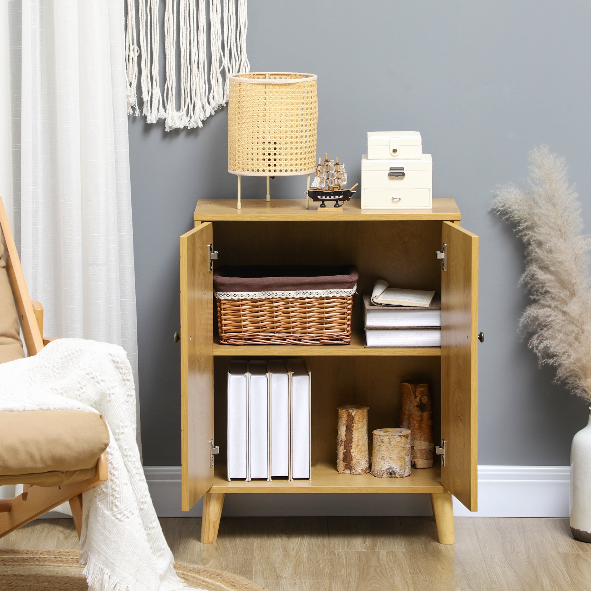 HOMCOM Natural Wood Storage Cabinet: Shelf Cupboard with Wood Legs for Living Room, Bathroom & Versatile Organization